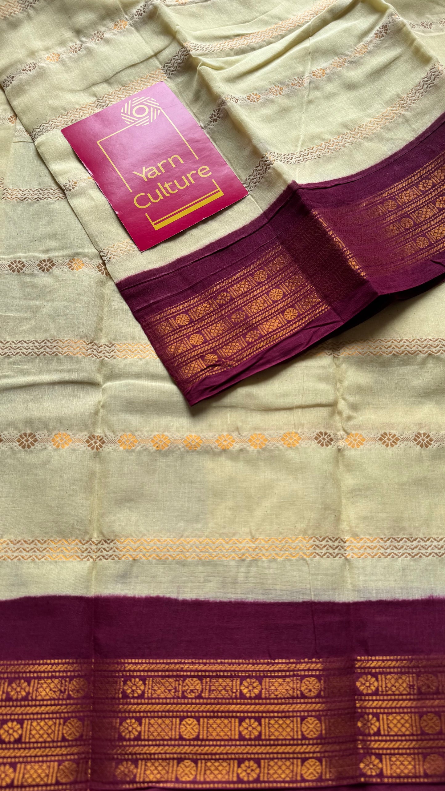 Custard yellow with maroon, motif striped sungudi, soft cotton - YCCOTNSSP02