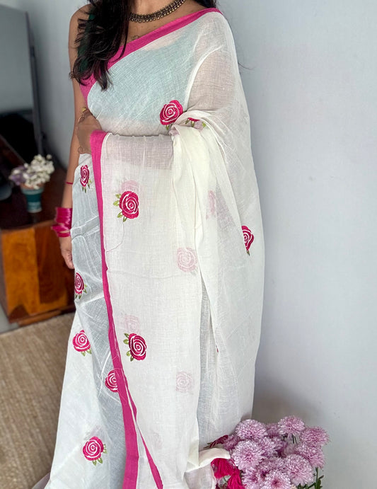 Cream mul with dark pink rose thread embroidery - YCBCMCNO74