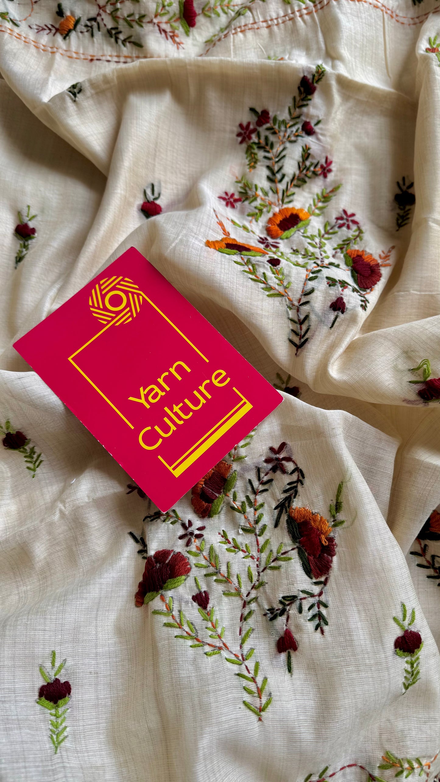 Ivory maheshwari cotton silk blend with deep maroon and orange floral kantha threadwork - YCBLJULMK04