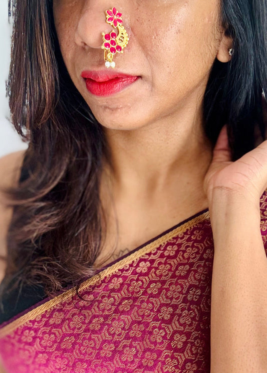 Gold plated, ruby coloured stone, clip on Maharashtrian nath - YCGPNC202