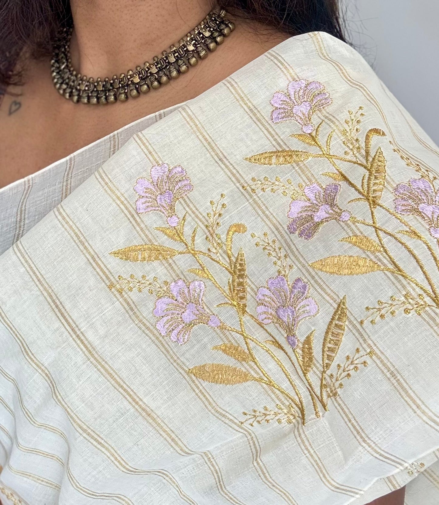 Ivory and gold with lavender flower embroidery, striped zari, kerala cotton - YCON25KCSFE261