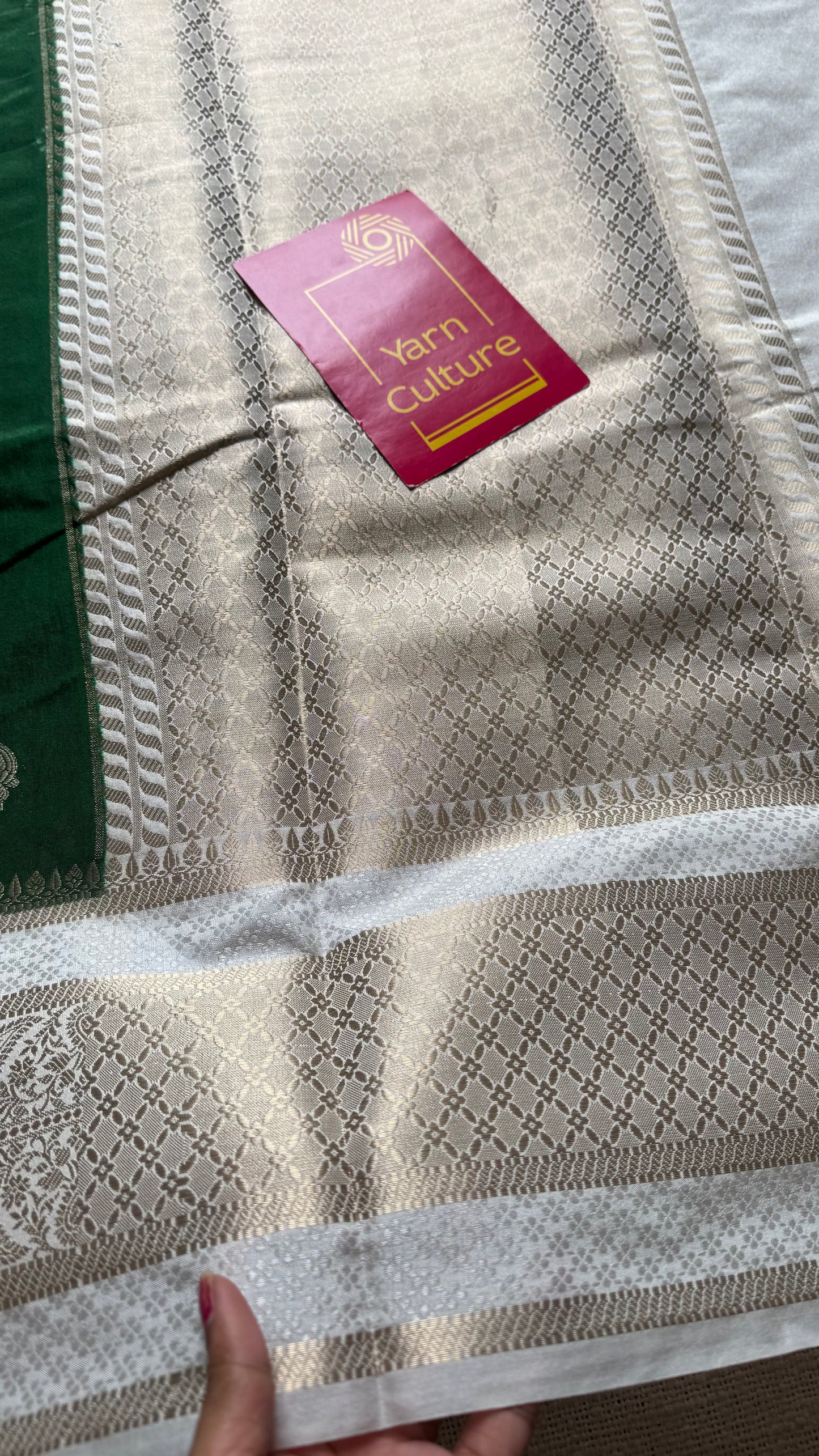 Dark green with cream border, Banarasi semi-silk - YCDESE01