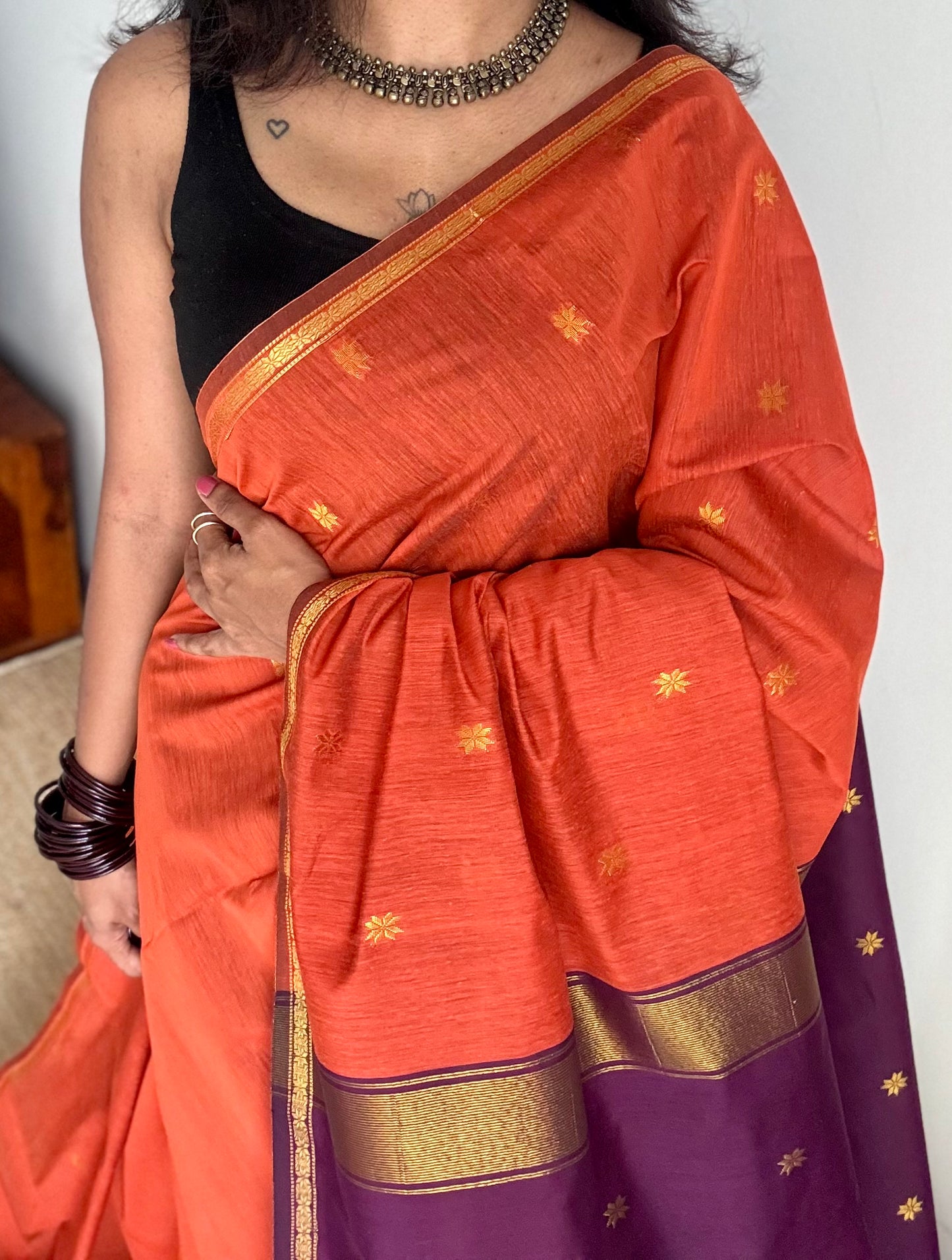 Orange with purple pink (vadamalli), gold buttas, semi maheshwari cotton silk - YCCOTNFEJUSM02