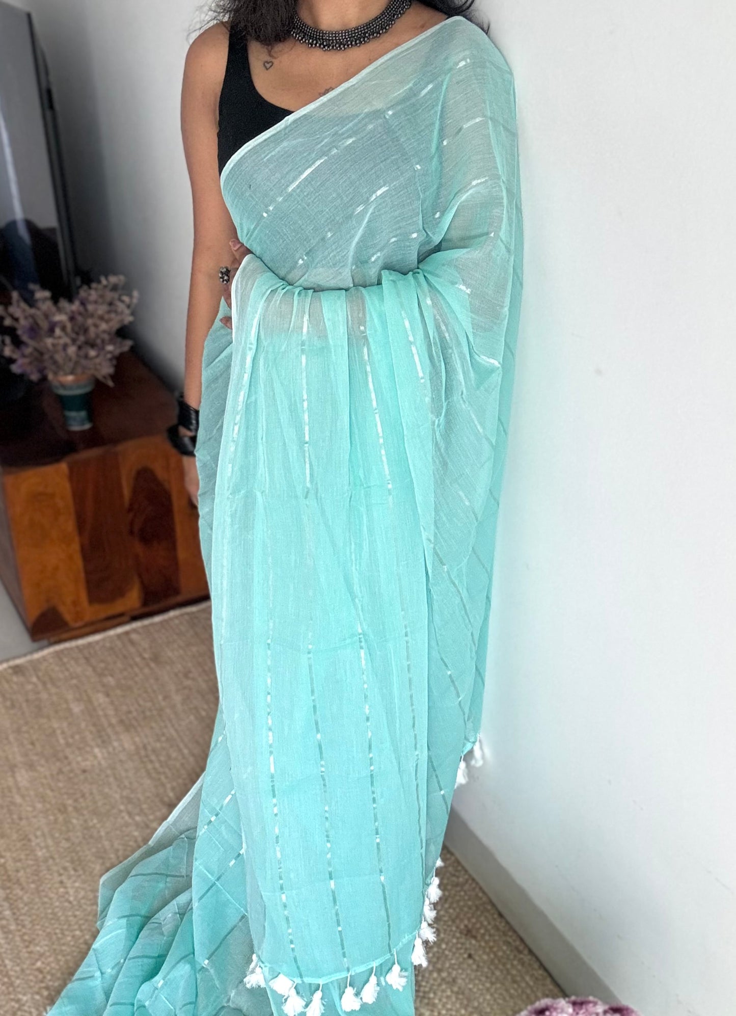 Aqua Frost - pastel aqua blue with silver zari stripes, mul cotton - YCBCJULMS07
