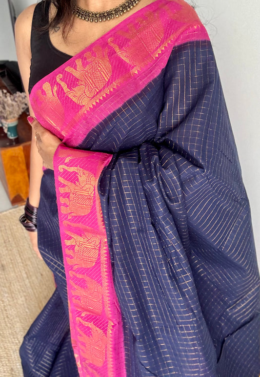 Dark blue with pink checkered sungudi, madurai cotton - YCCOTNOCSC20