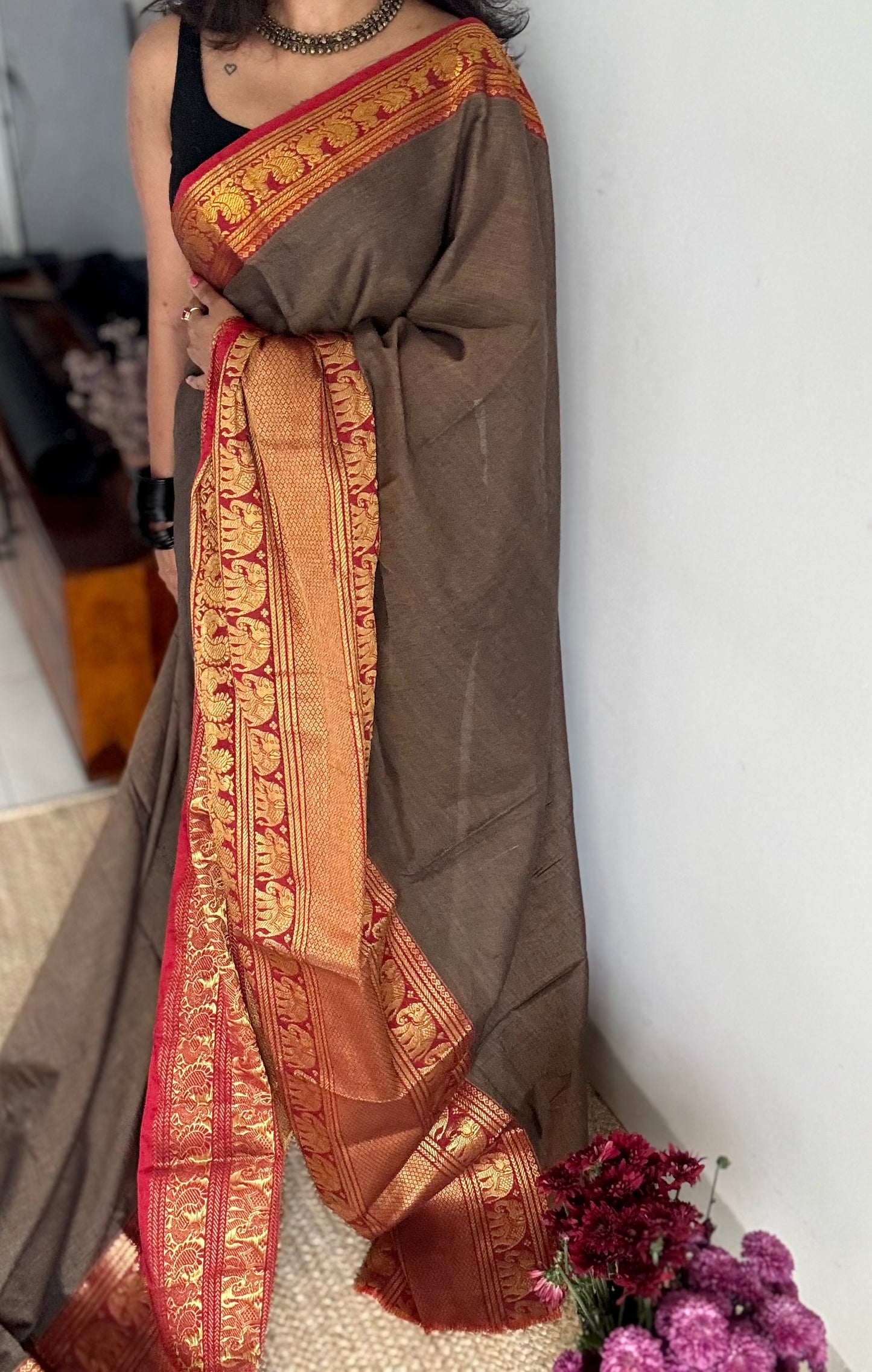 Warm grey with broad zari border, premium narayanpet, soft cotton - YCWOTDFEBB01