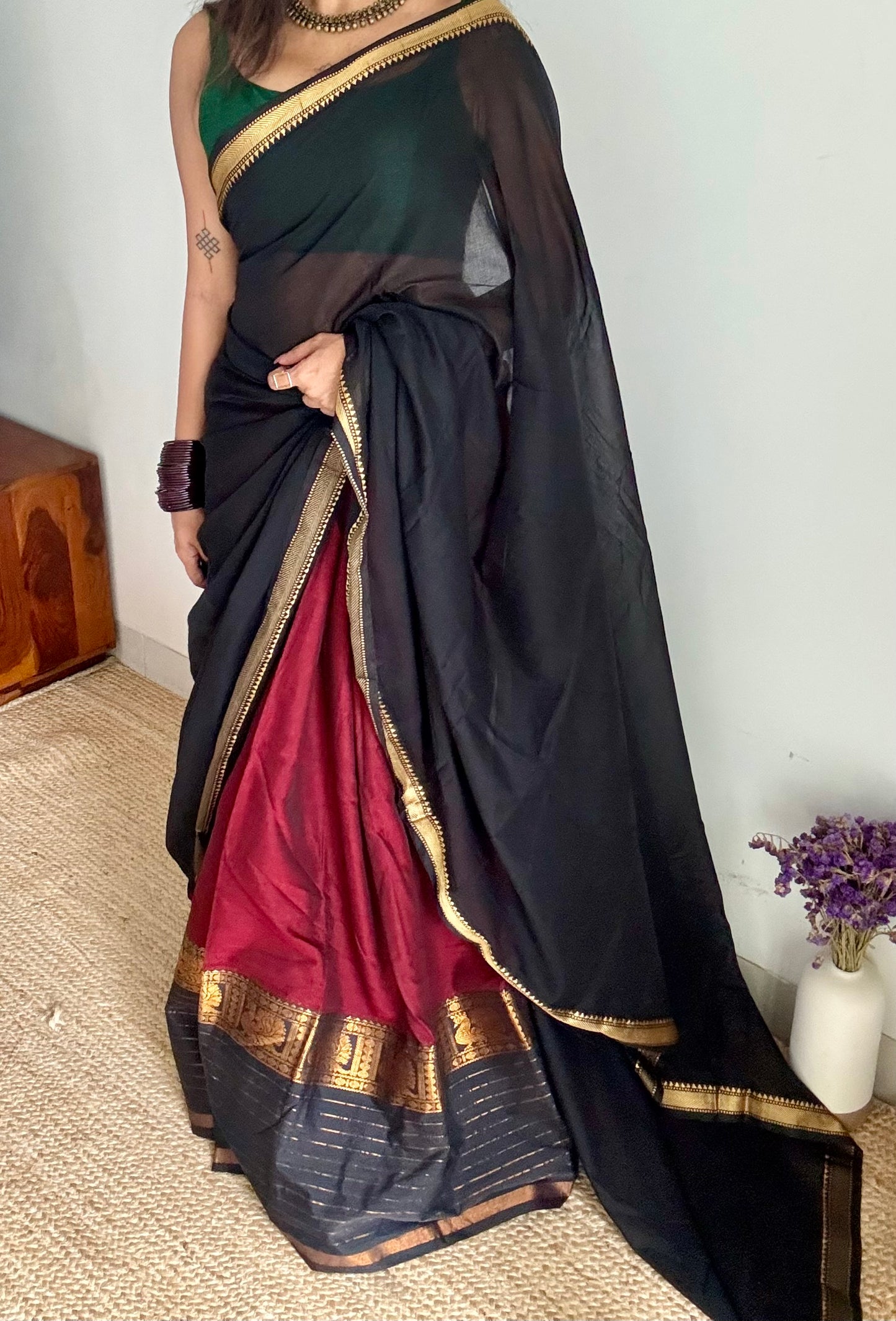 Maroon - Black unstitched half saree material (dhavani), narayanpet cotton - YCIEHS221
