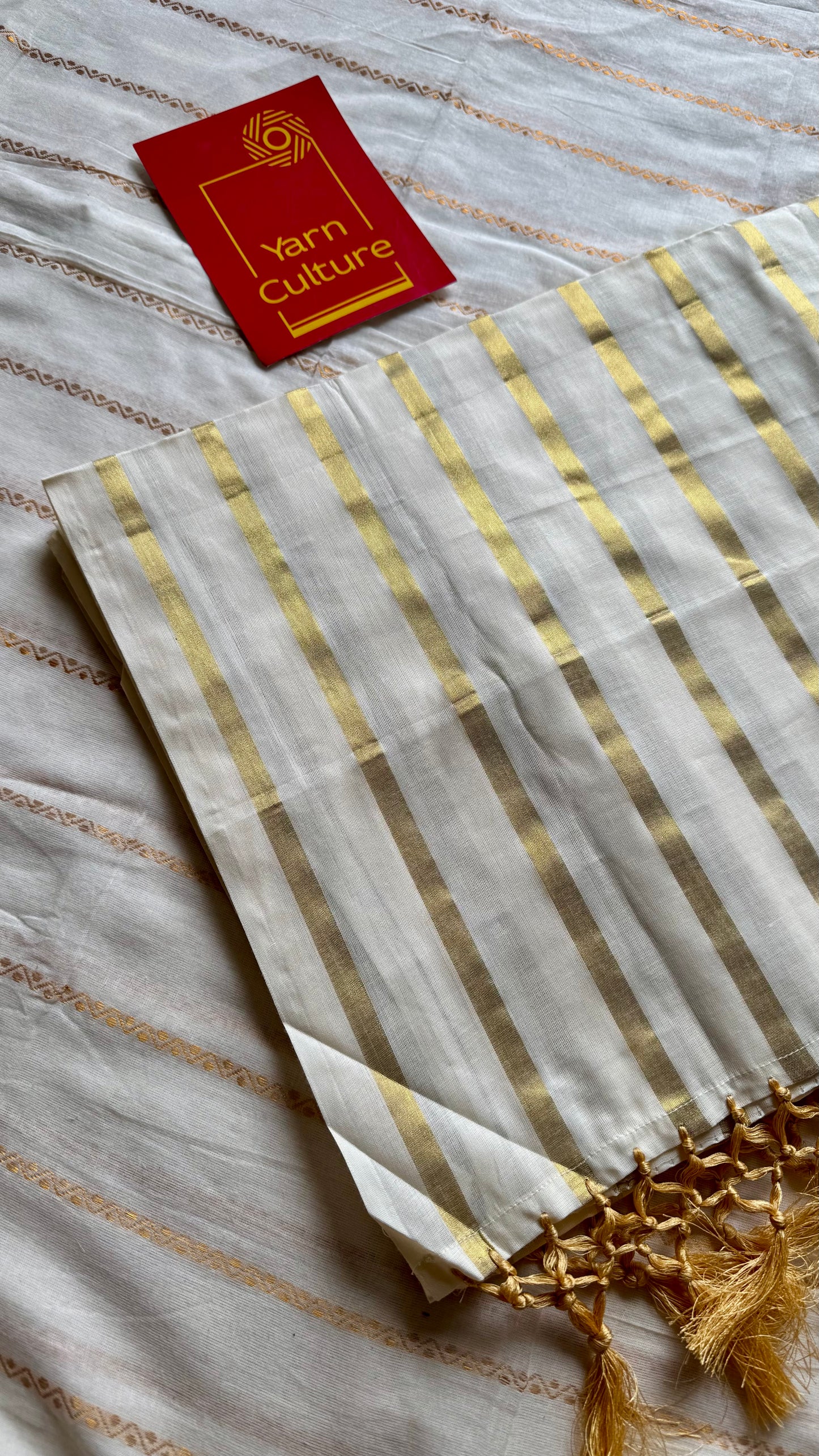 Ivory and gold soft cotton kasavu saree, broad gold stripes - YCIEON81