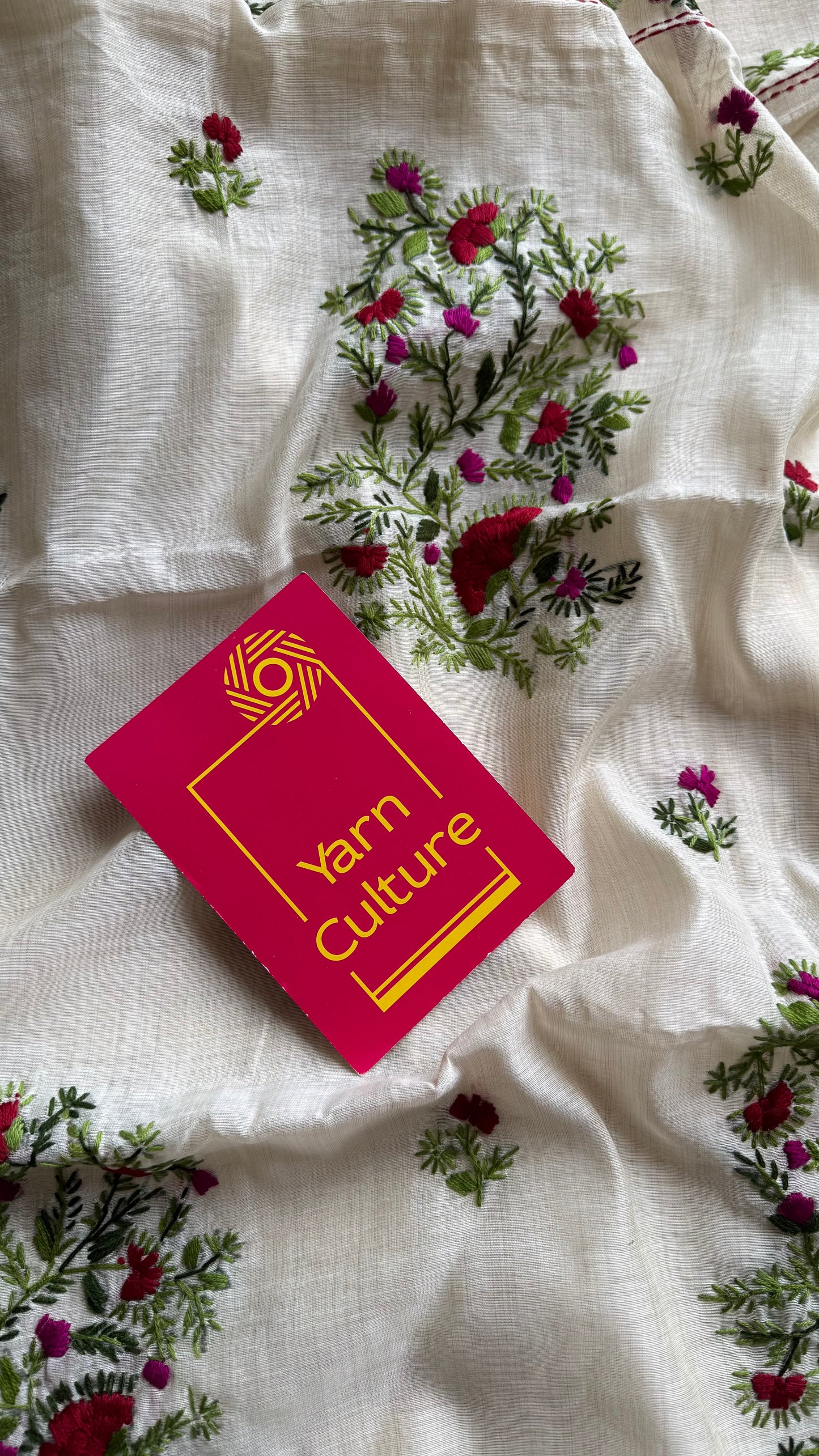 Ivory maheshwari cotton silk blend with red and magenta floral kantha threadwork - YCBLJULMK02