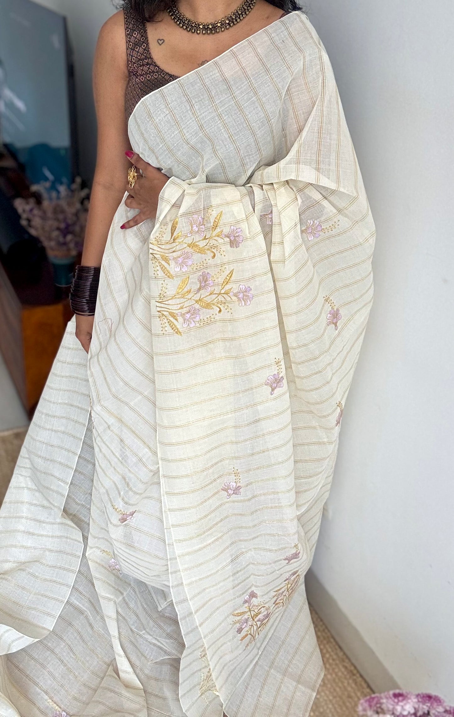 Ivory and gold with lavender flower embroidery, striped zari, kerala cotton - YCON25KCSFE261