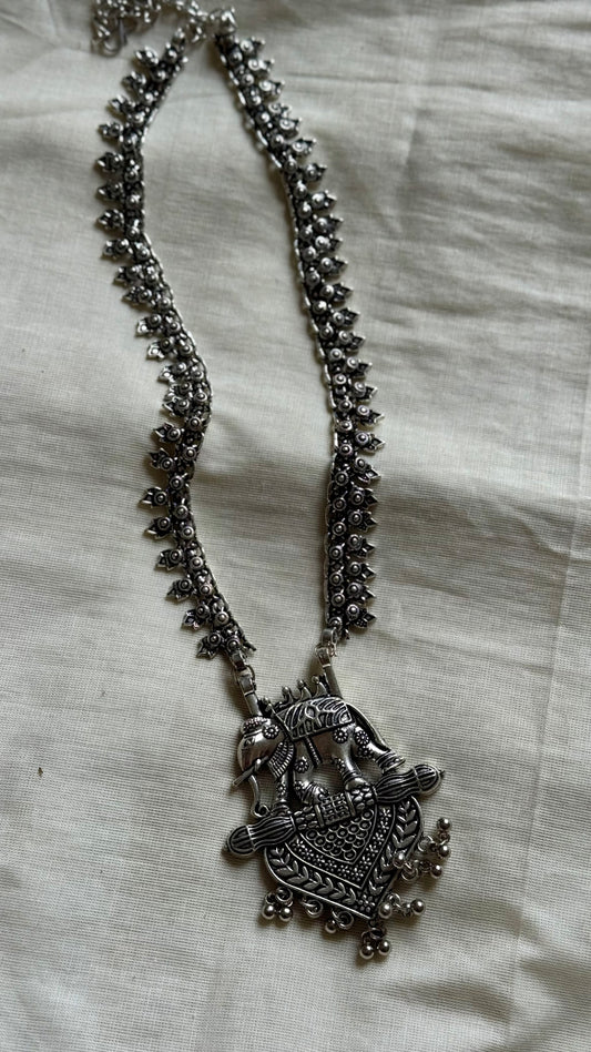 Long neckpiece with elephant pendant, oxidised silver - YCOSNP440a