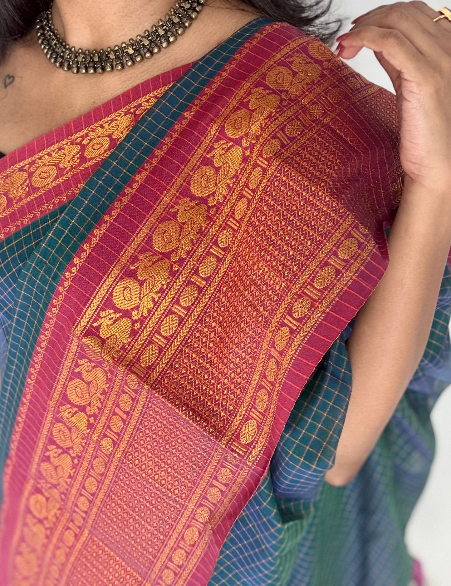 Teal checks with zari border, premium narayanpet, soft cotton - YCWOTDFEBB13