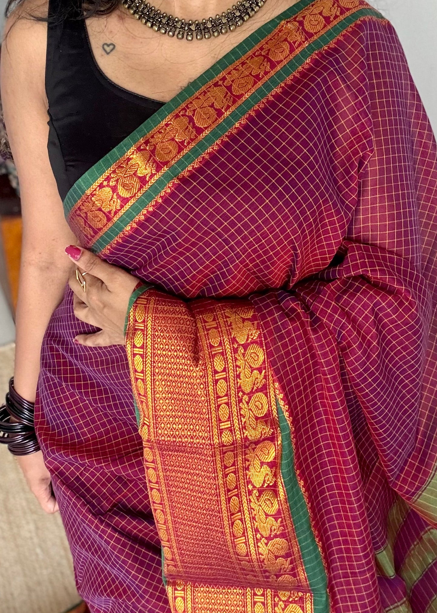 Purple pink (vadamalli) checks with zari border, premium narayanpet, soft cotton - YCWOTDOCNP04