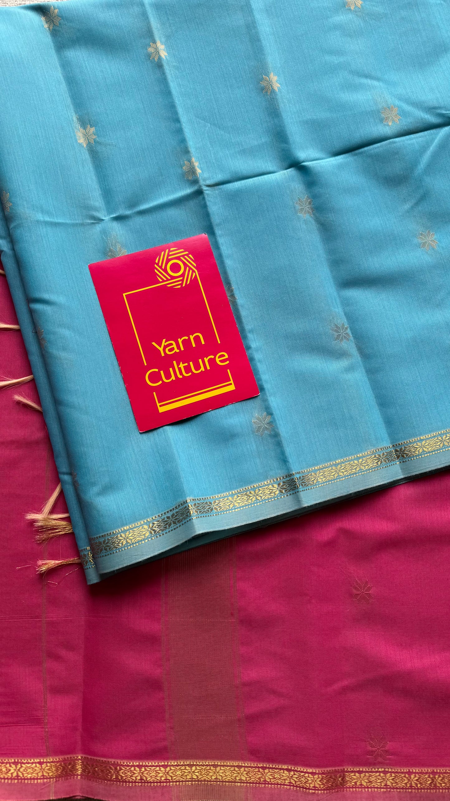 Sky blue with pink, gold buttas, semi maheshwari cotton silk - YCCOTNFEJUSM06