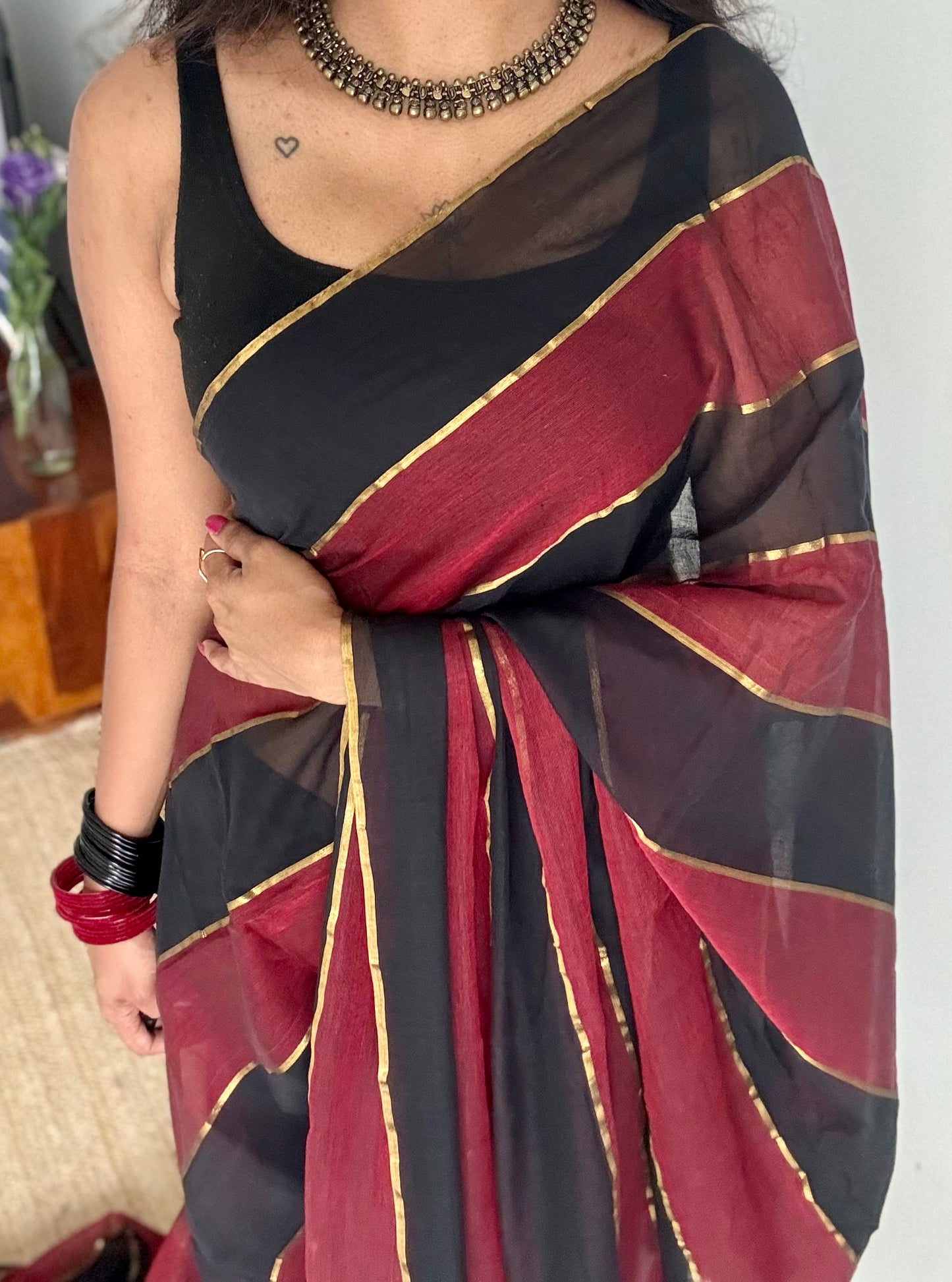 Maroon, black mul with gold multicoloured broad stripes - YCBCMCLSE24