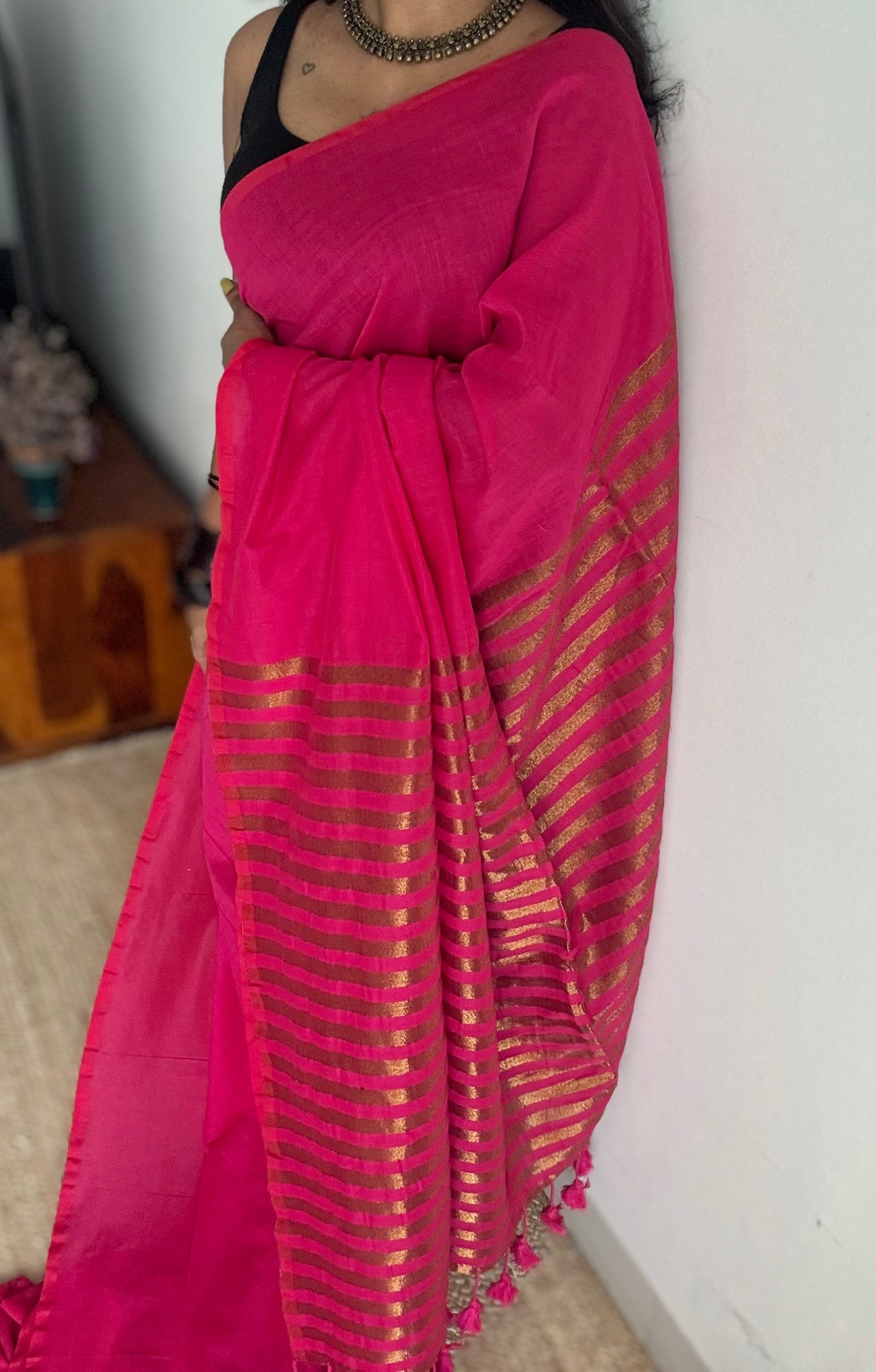 Hot pink khadi with antique gold pallu - YCBCKZPSE03