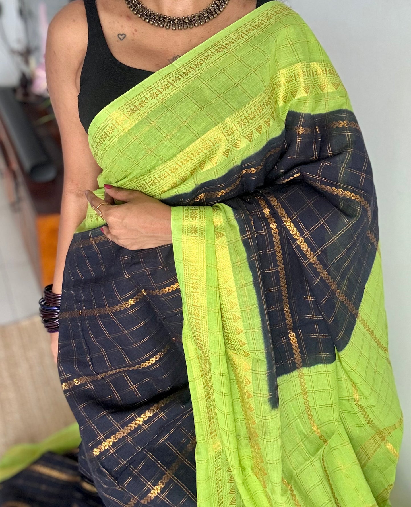 Black with lime green, Adayar checks with velthaari pattern, madurai cotton - YCCOTNOCSC03