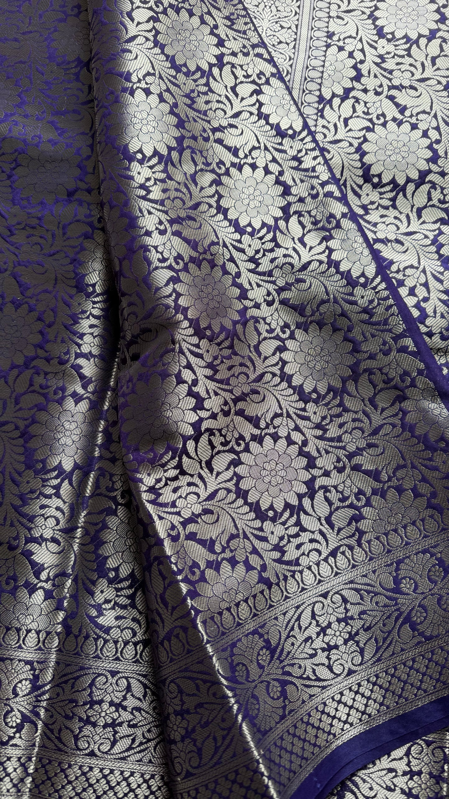 Dark blue meenakari floral pattern in silver zari, Banarasi katan dupion silk - YCDESE12