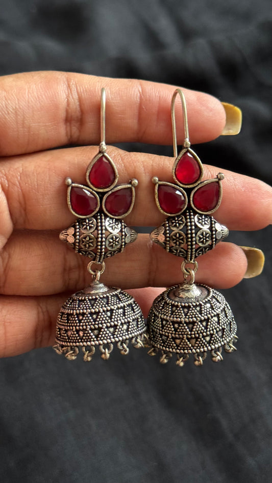 Oxidised silver hook earrings, red stone - YCOSED250