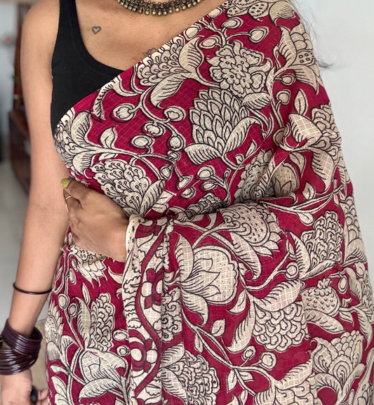 Crimson floral kalamkari saree in kota - YCWOTDMA354