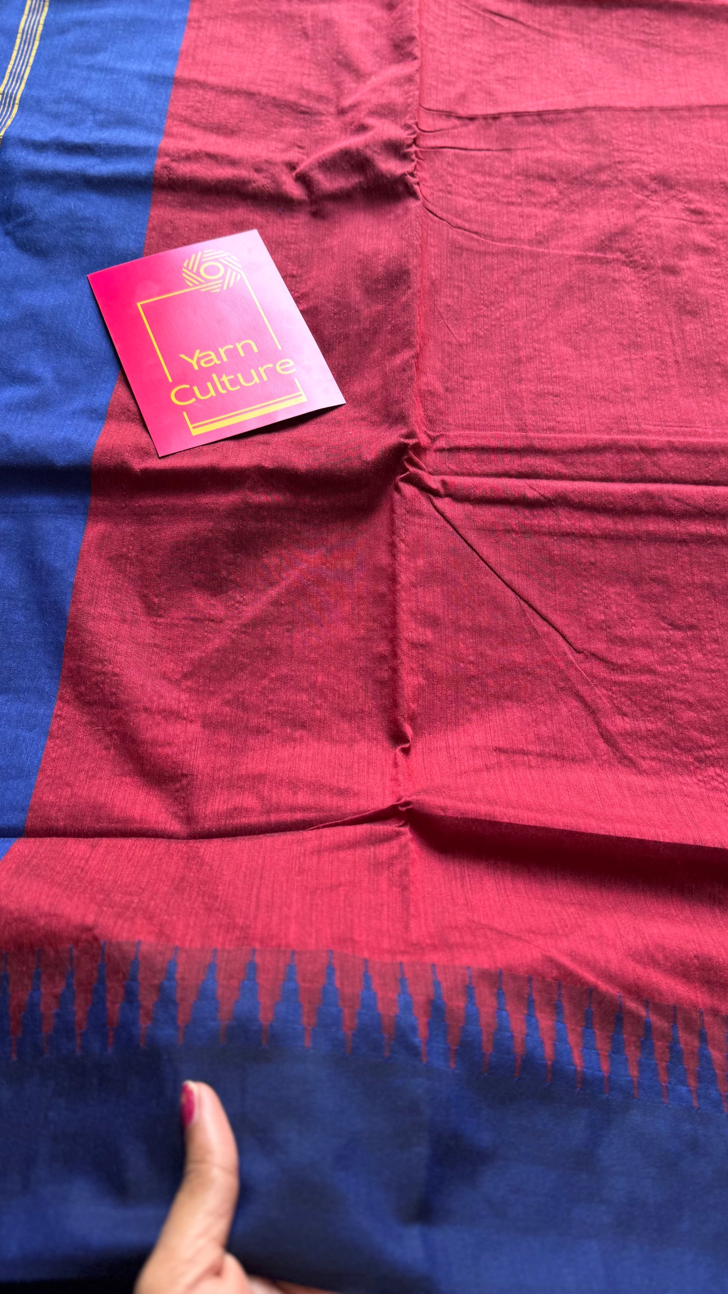 Red with royal blue temple border - cotton silk - YCCOTNOCKCS5