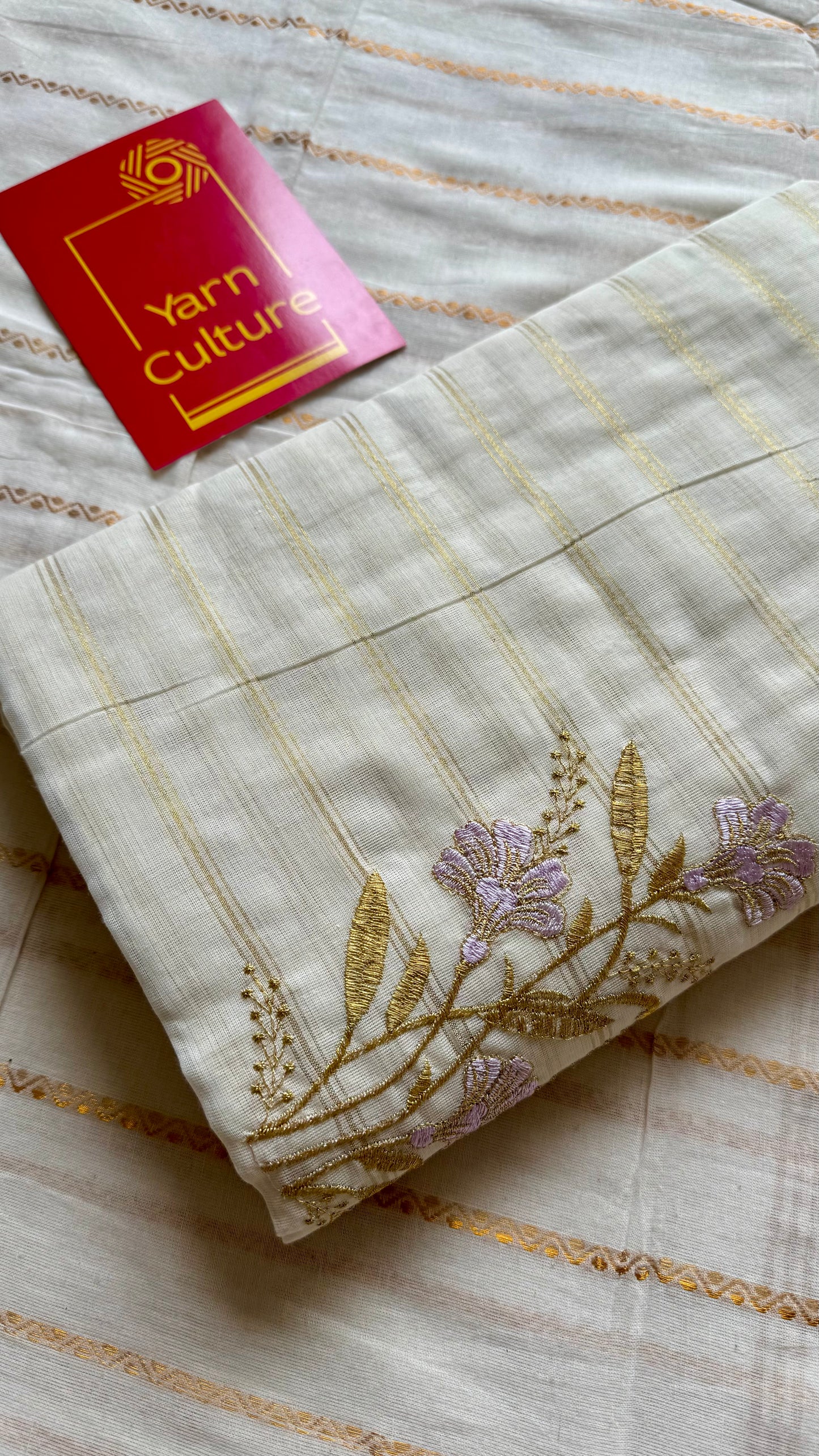 Ivory and gold soft cotton saree, lavender floral embroidery - YCIEON53