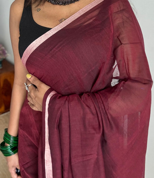 Dark brown with cream border mul cotton saree - YCBCMCFE231