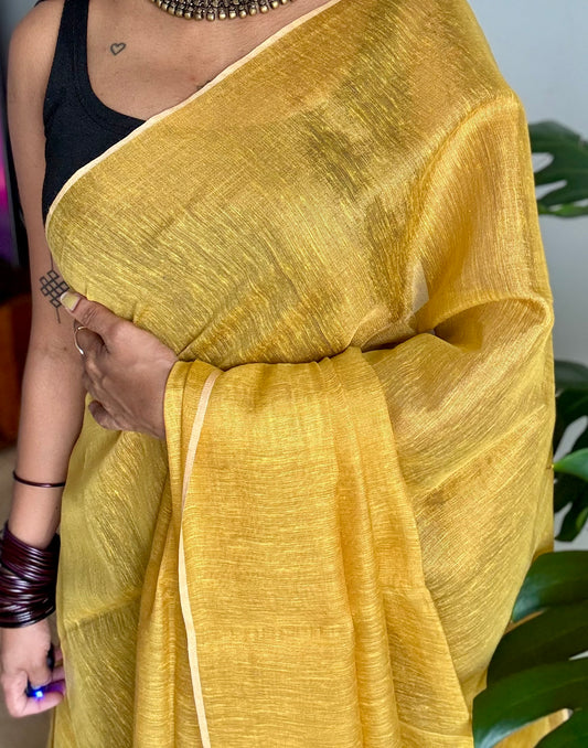 Yellow gold, dual tone metallic tissue linen saree - YCBCLTOC52