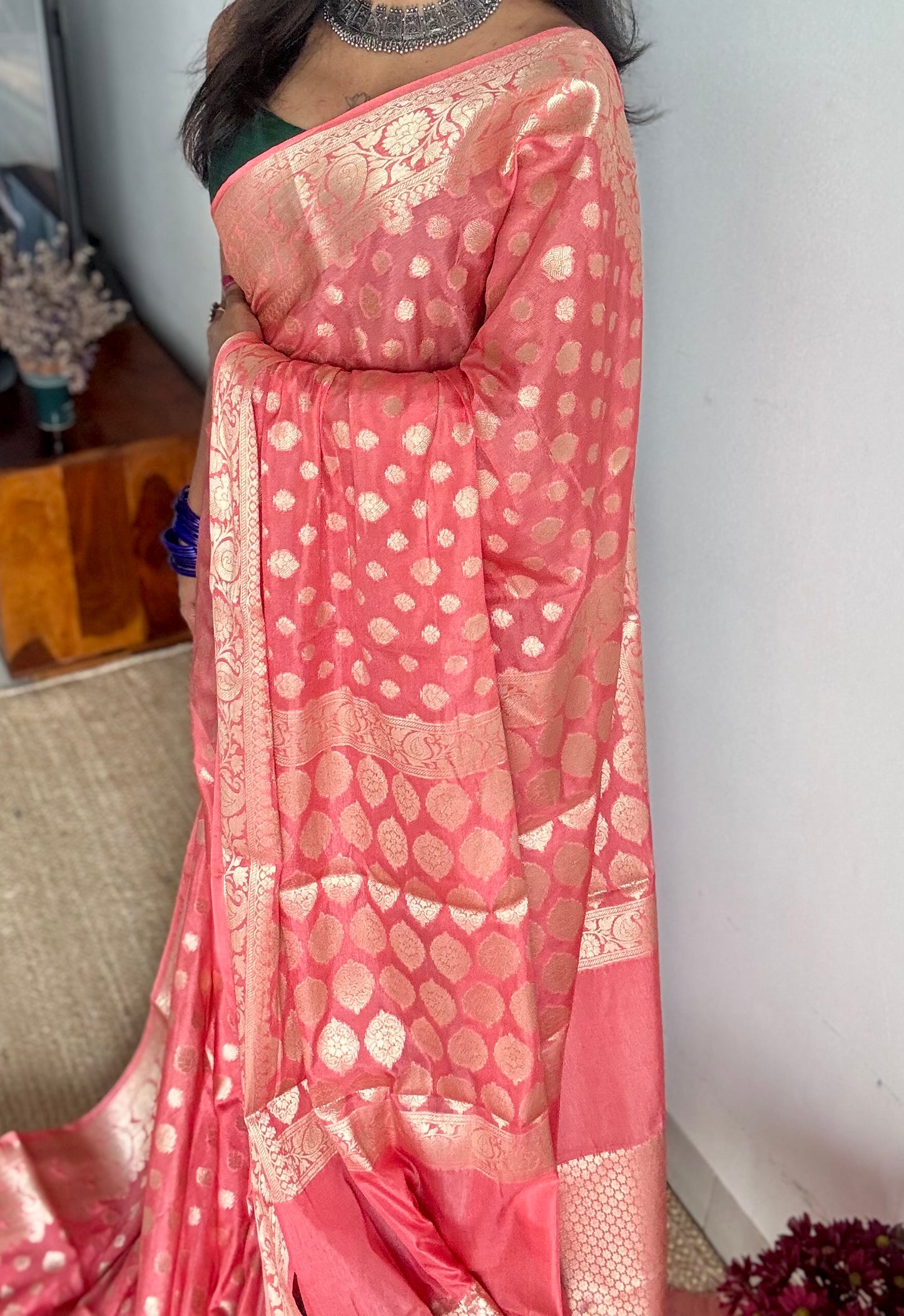 Peach pink, muted gold buttas and zari, Banarasi semi-silk - YCDESE41