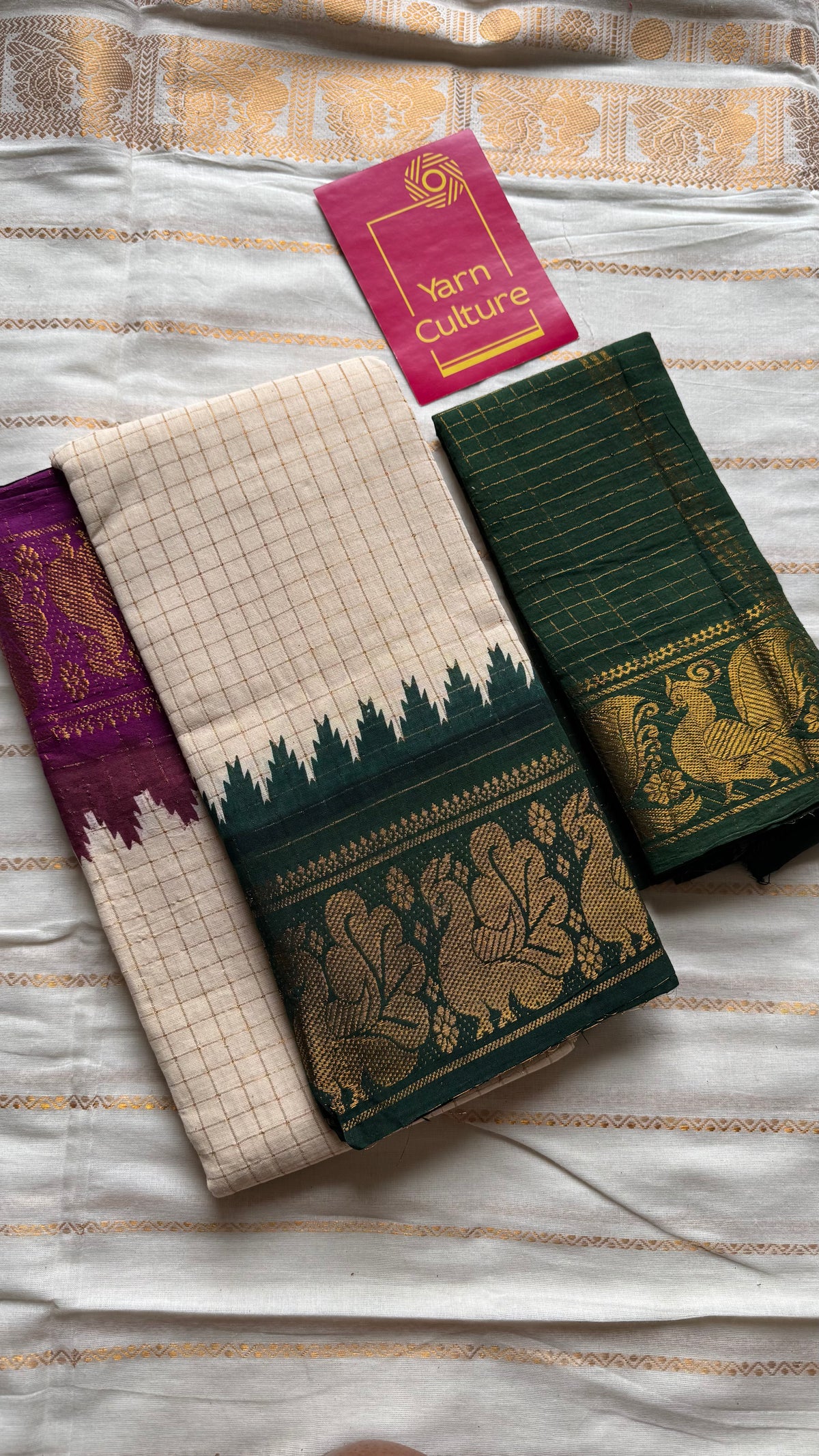 Sungudi cotton checks, ivory gold base, magenta and dark green dual tone border, soft cotton - YCCOTNMSJUL07
