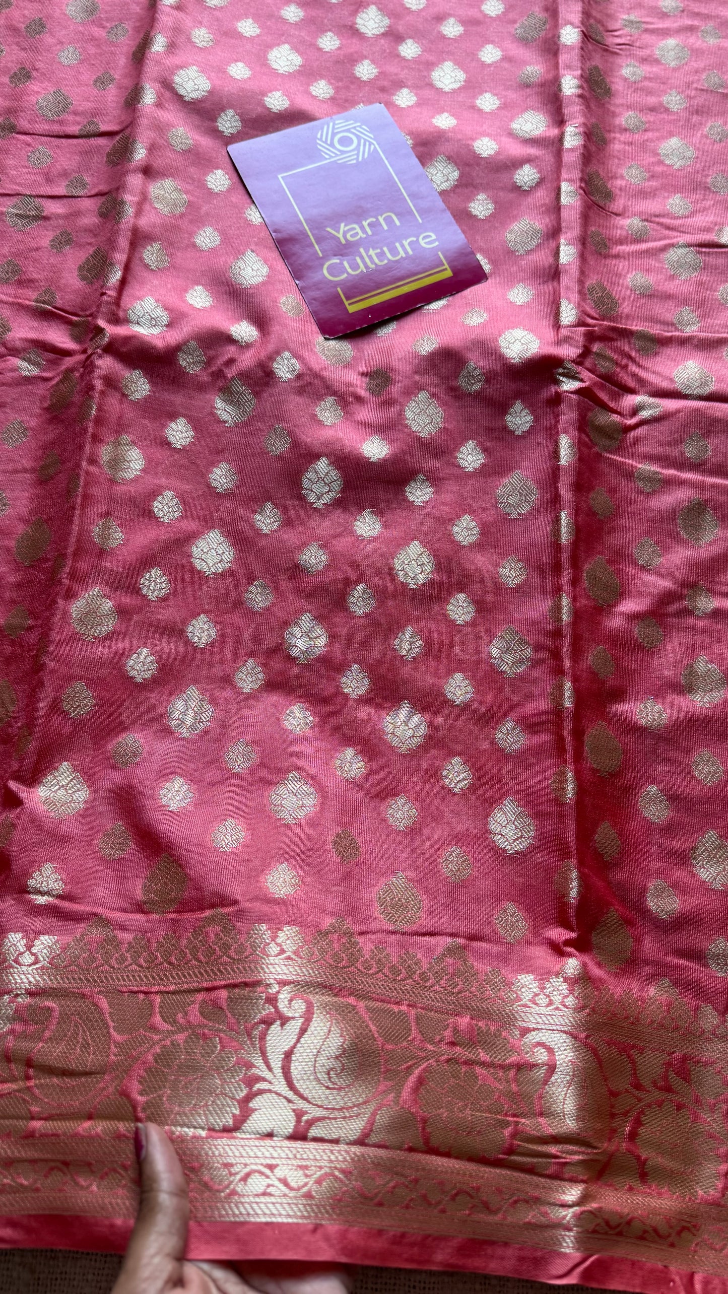 Peach pink, muted gold buttas and zari, Banarasi semi-silk - YCDESE41