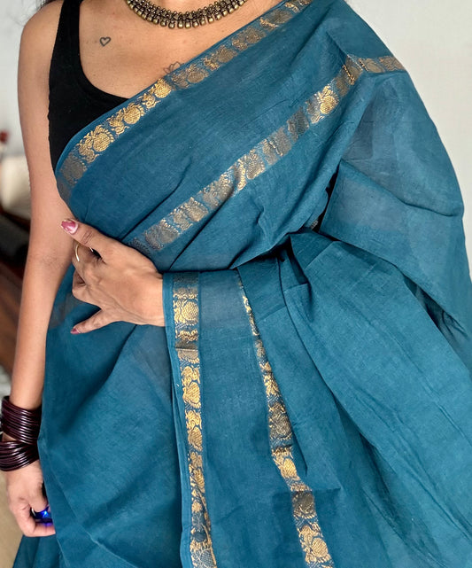 Peacock blue/teal rettaipettu peacock double bordered, kattuchayam dyed madurai cotton saree - YCTORKDJU30