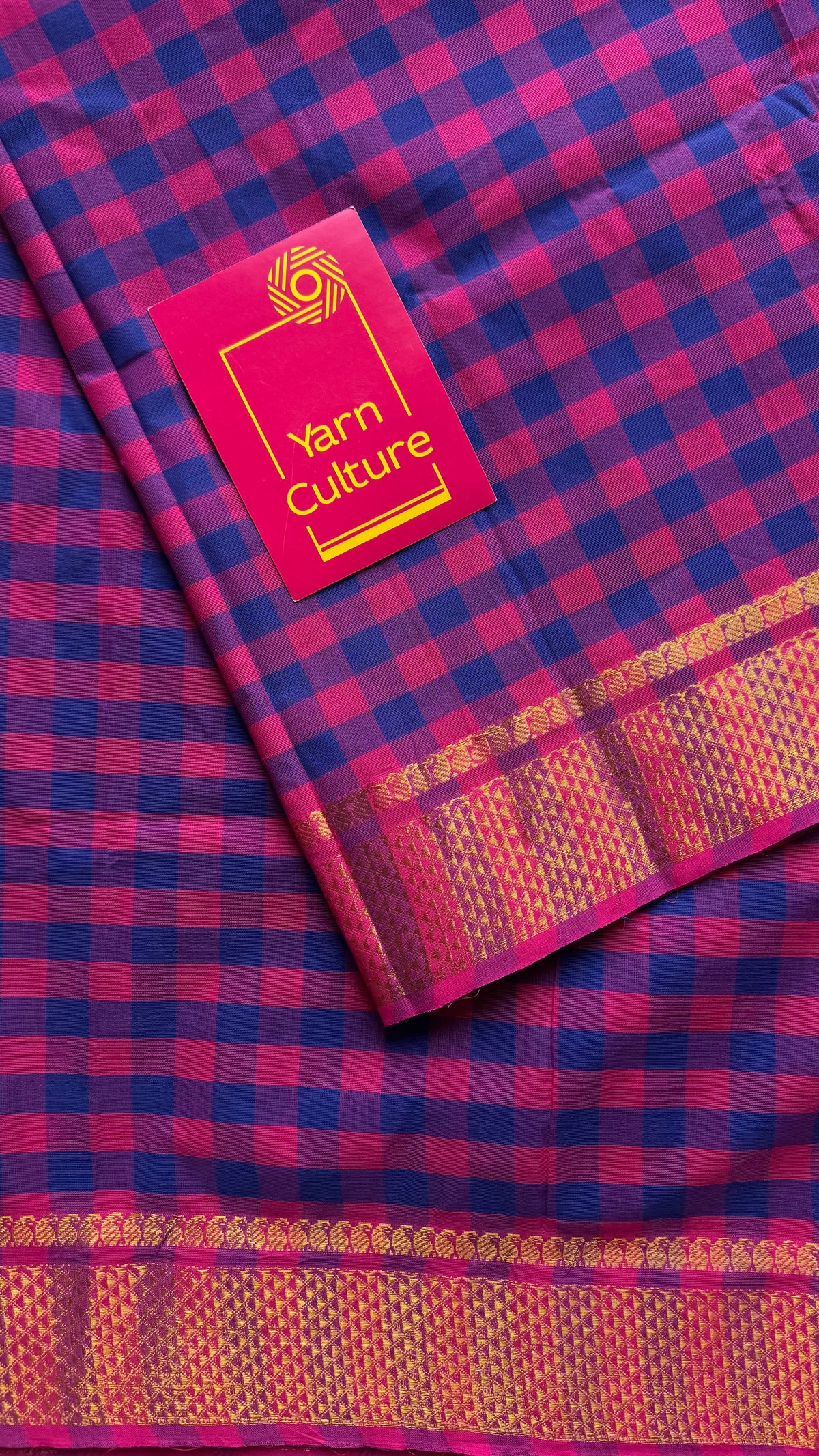 Chettinad cotton saree with purple pink and blue checks, zari motif border - YCCOTNCKSE45