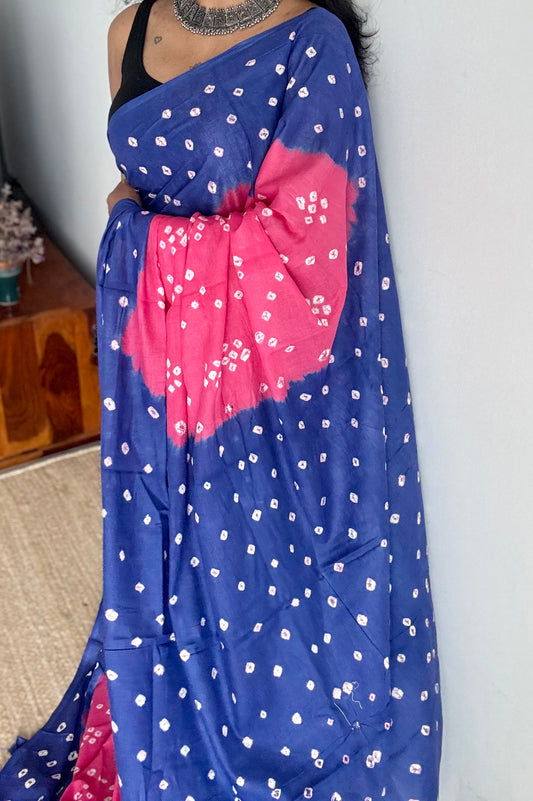 Peach pink with blue Sungudi/Bandhani, soft cotton - YCCOTNSEMS75