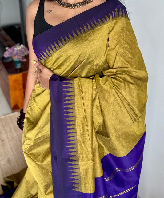 Light green with blue temple border, cotton silk - YCCOTNCSDE97