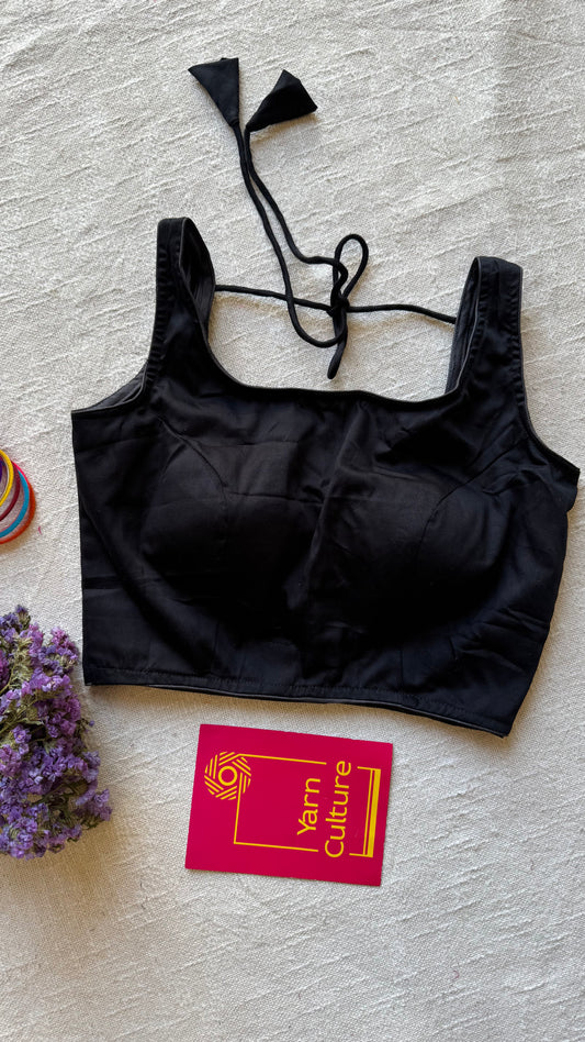 Black sleeveless cotton silk stitched blouse, back open, padded - YCSESBP95