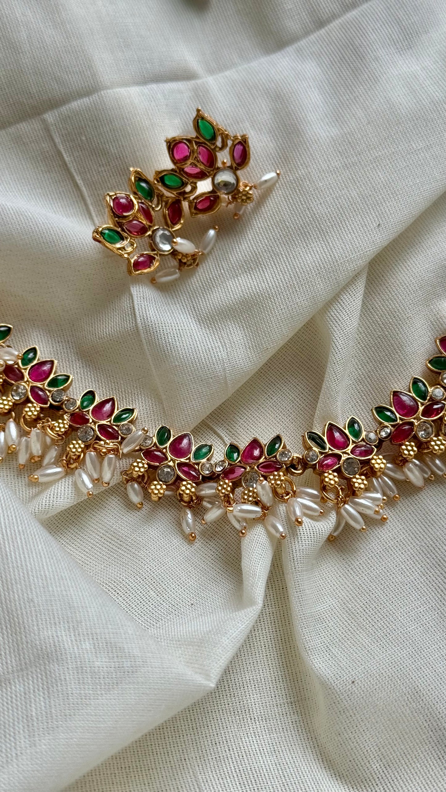 Pink and green lotus necklace with rice pearl drops and earrings - YCAGC133