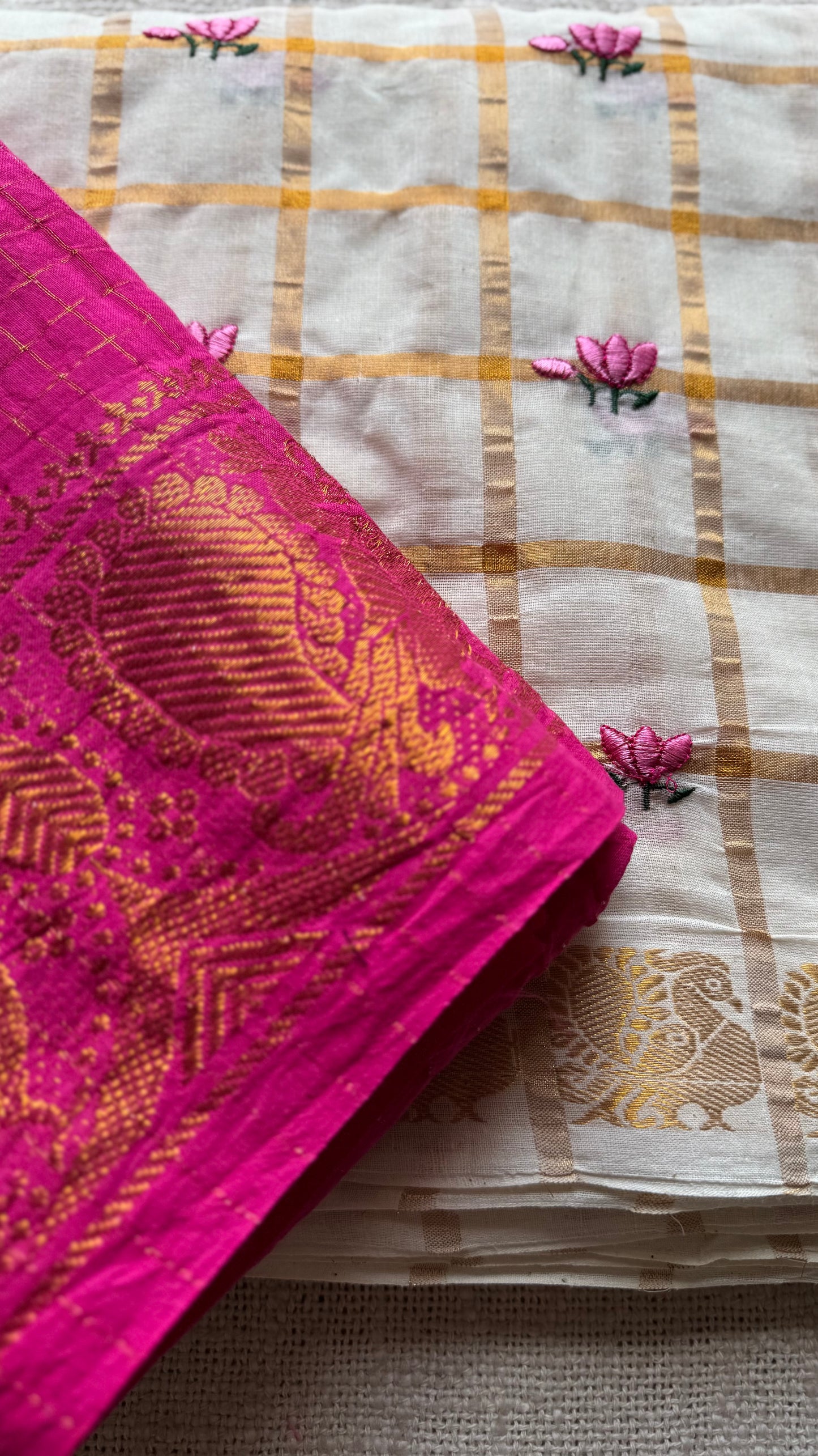 Sruthi : Thaamara Kattam - pink lotus embroidery, ivory & gold, soft cotton - YCONKCE273