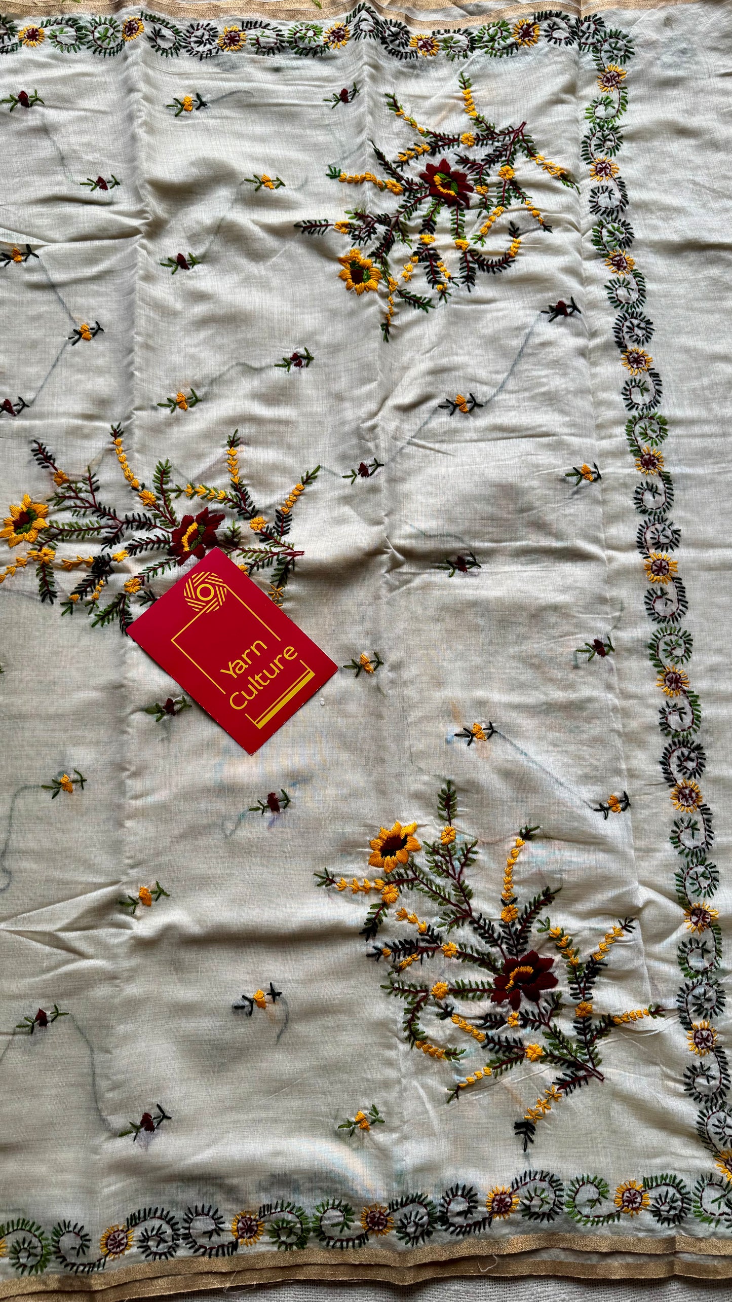 Ivory maheshwari cotton silk blend with maroon and yellow floral kantha threadwork - YCBLAUMK13