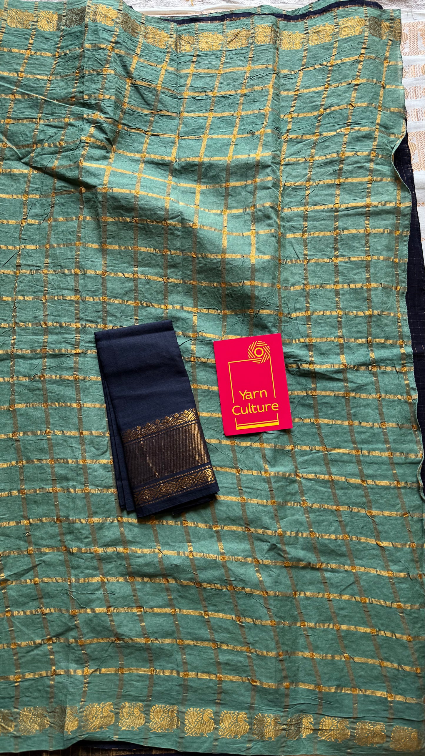 Mint green with black, sungudi cotton half-half saree - YCCOTNIDMA293