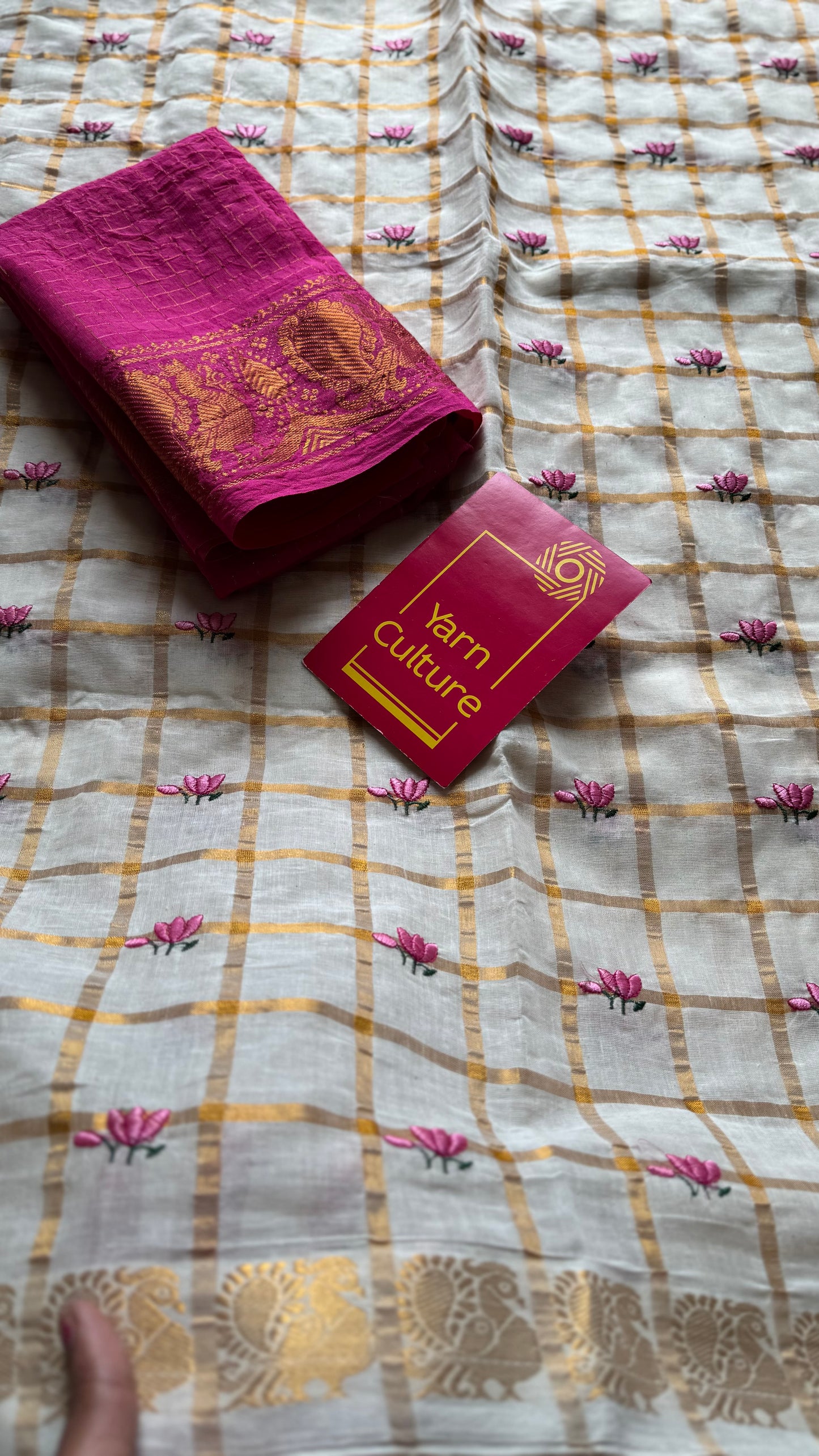 Sruthi : Thaamara Kattam - pink lotus embroidery, ivory & gold, soft cotton - YCONKCE273