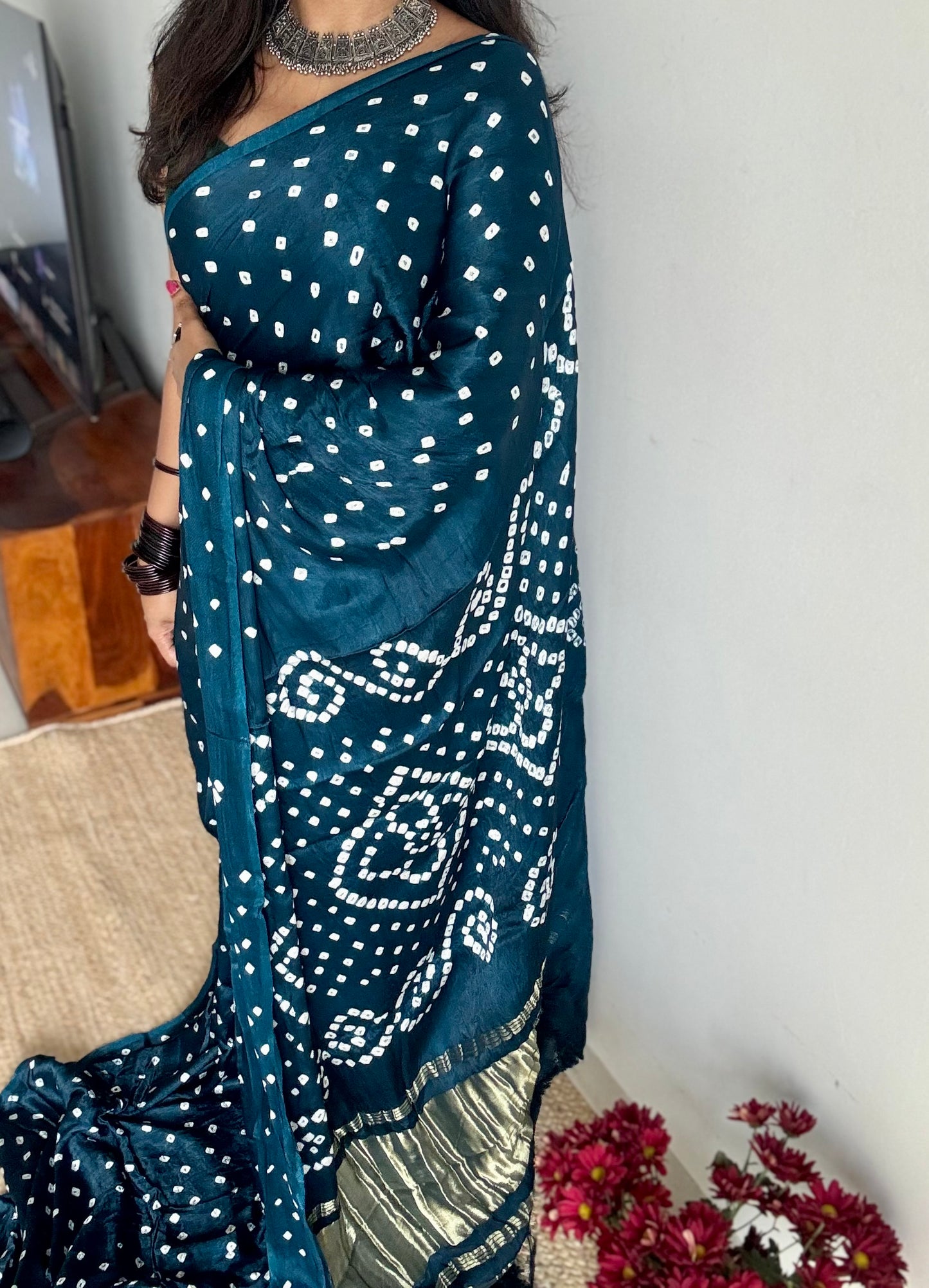 Peacock blue, crushed bandhani modal silk with lagdi patta (zari pallu) - YCDESE26