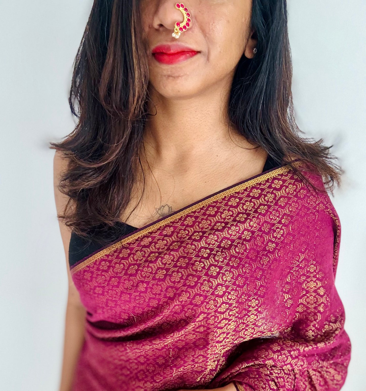 Gold plated, ruby coloured stone, clip on Maharashtrian nath - YCGPNC200
