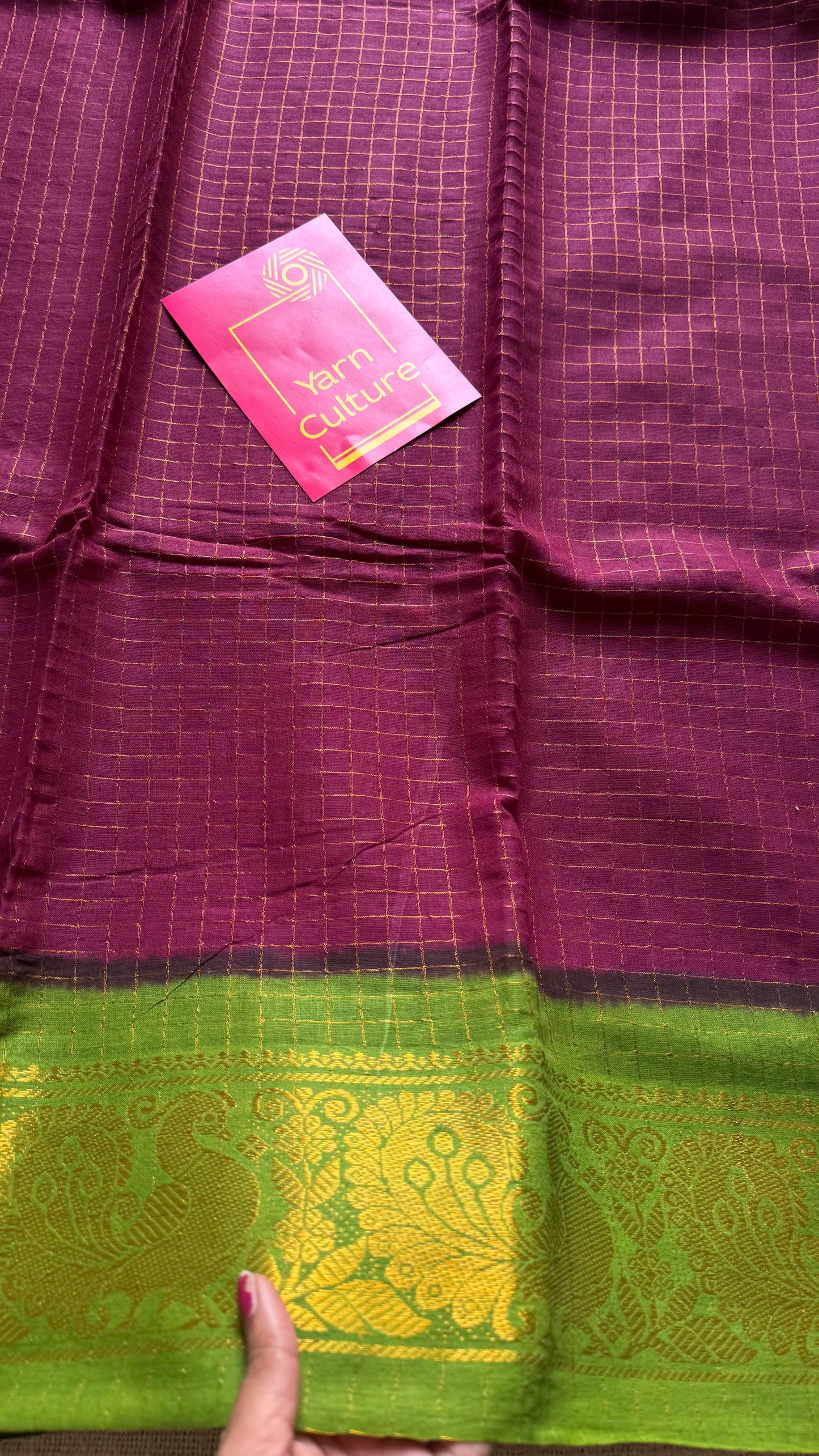 Wine with green checkered sungudi, madurai cotton - YCCOTNOCSC25