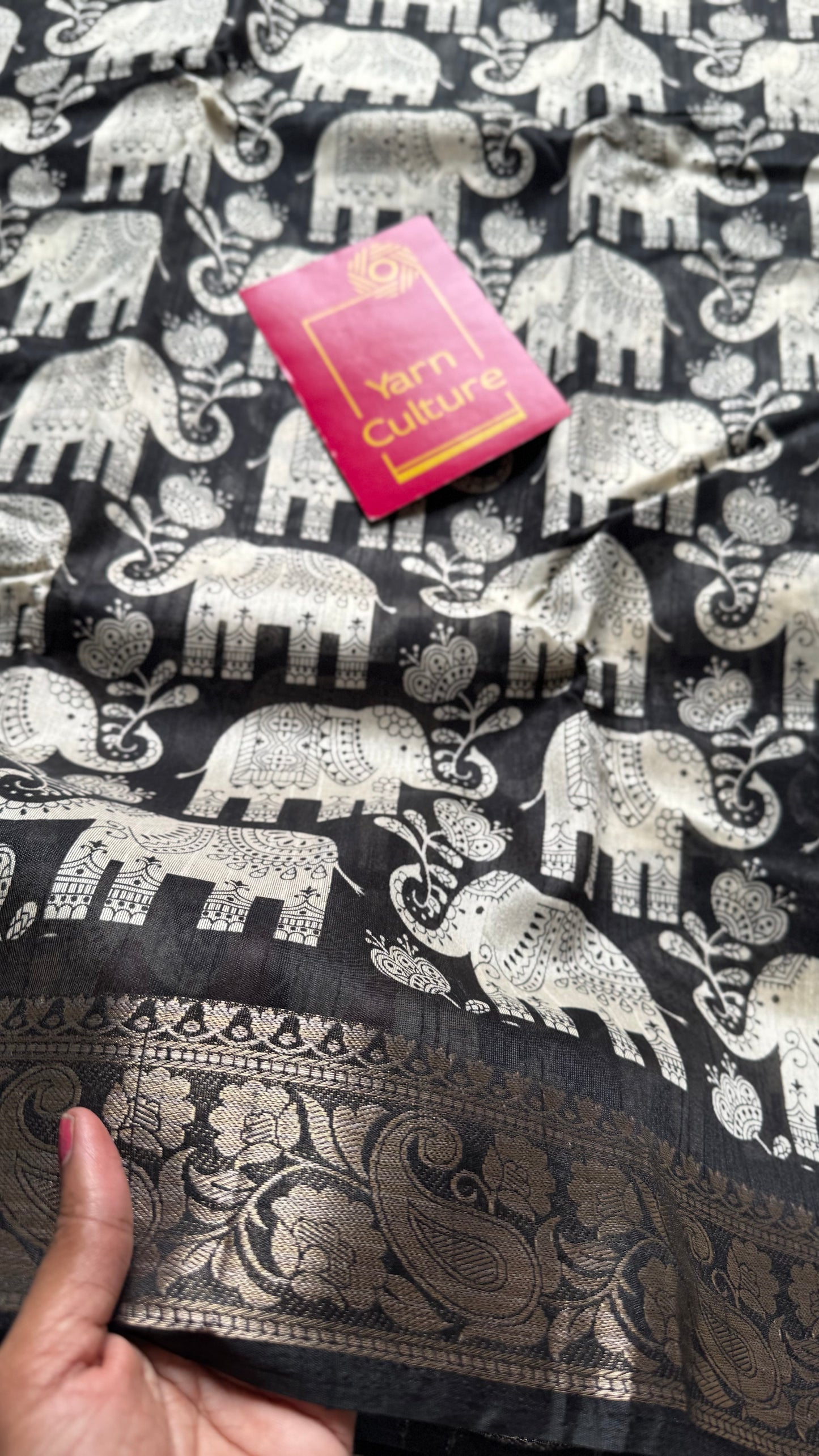 Black and white, printed kalamkari, elephant motif, semi-tussar - YCWOTDSTK04