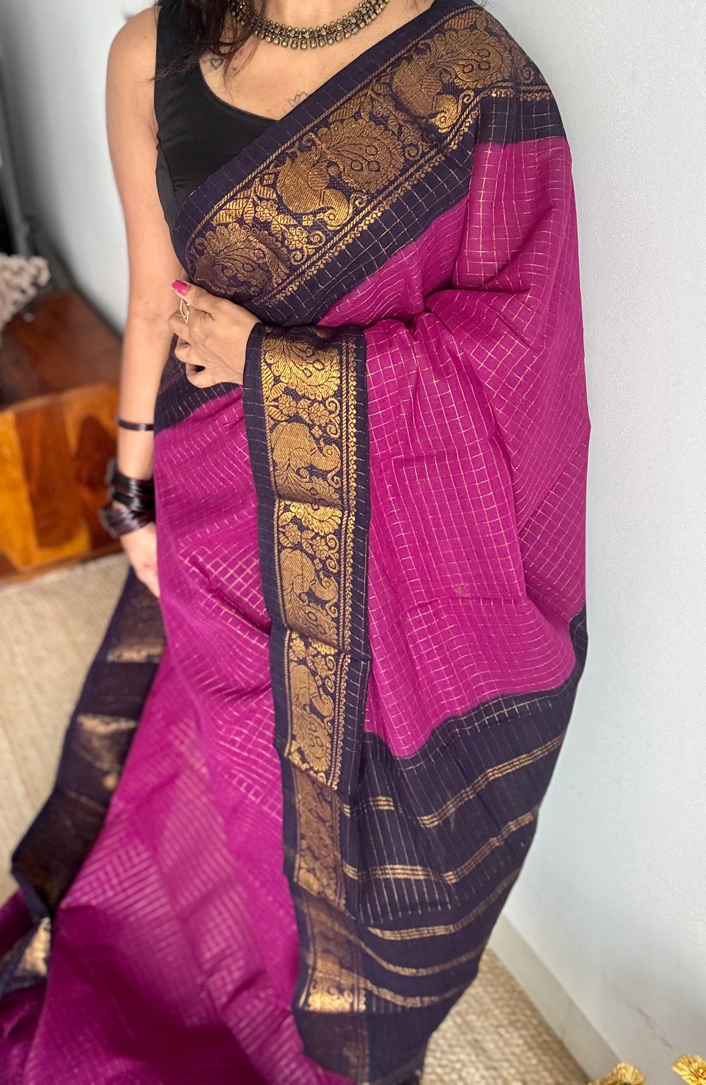 Purple pink with dark blue checkered sungudi, madurai cotton - YCCOTNOCSC21