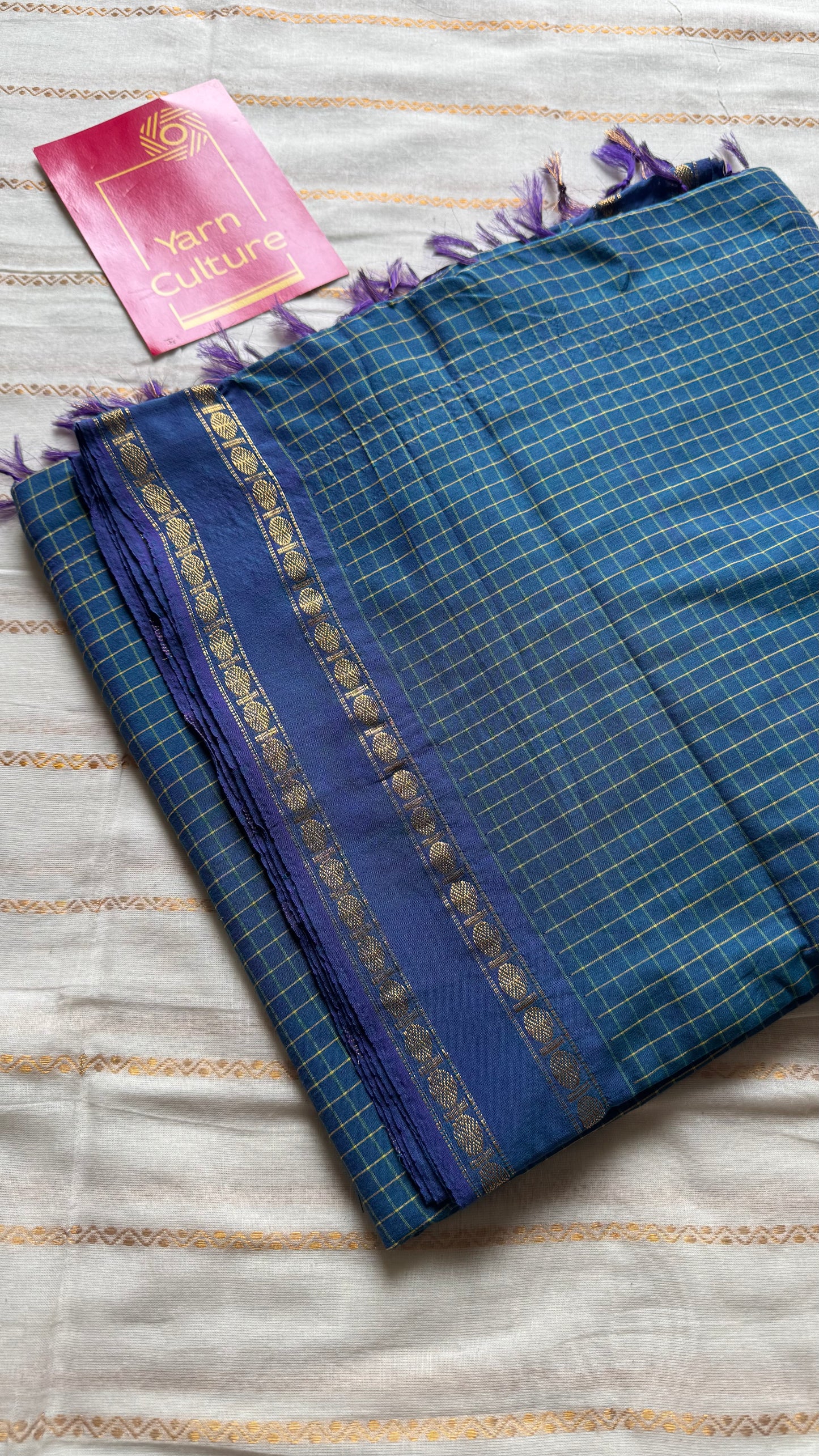 Peacock blue, arani checks saree, cotton silk - YCCOTNAUG21