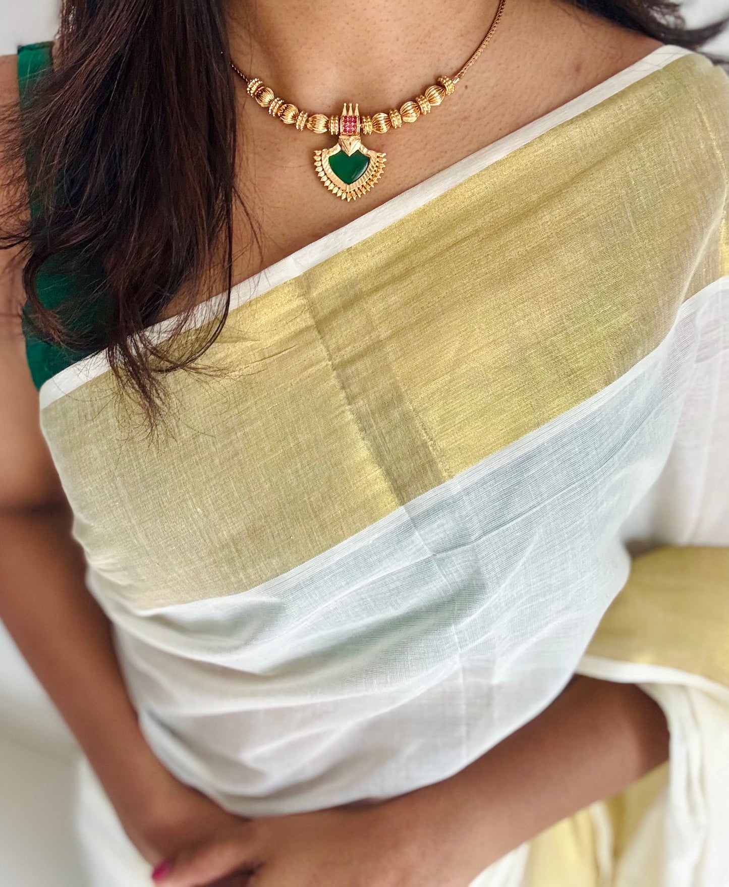 Single palakka pendant chain with round beads and earrings - YCAGC161