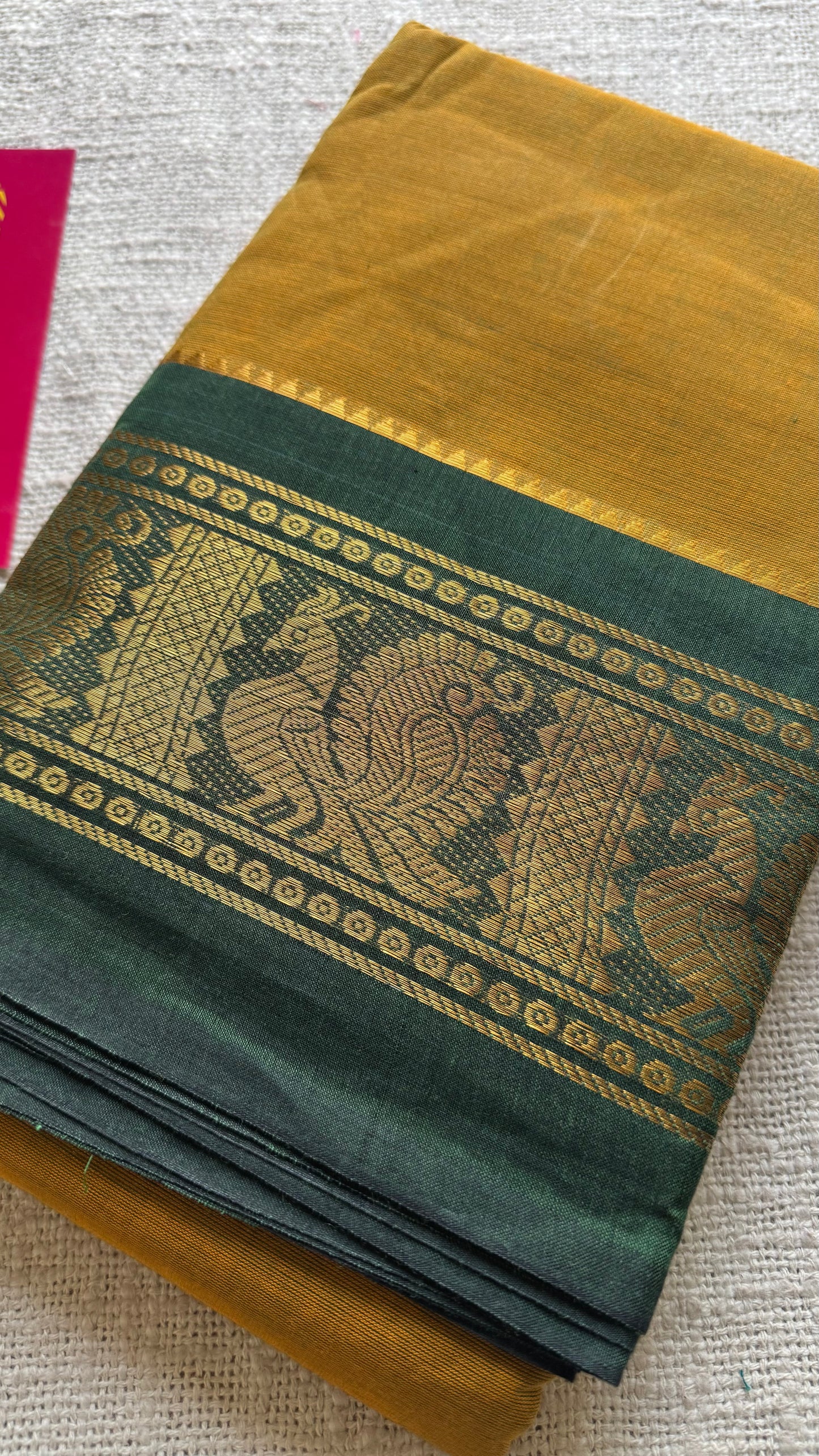 Brownish yellow with green contrast border, chettinad cotton - YCCOTNOCCC01