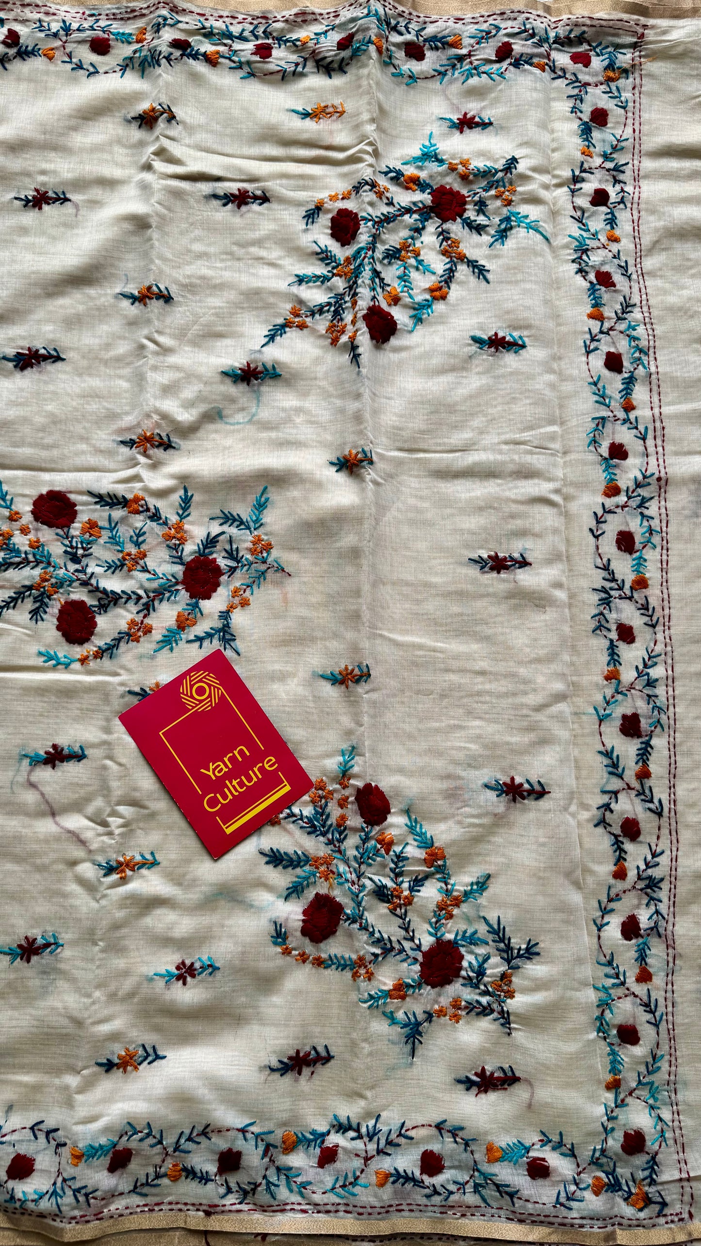 Ivory maheshwari cotton silk blend with red and blue floral kantha threadwork - YCBLJULMK03